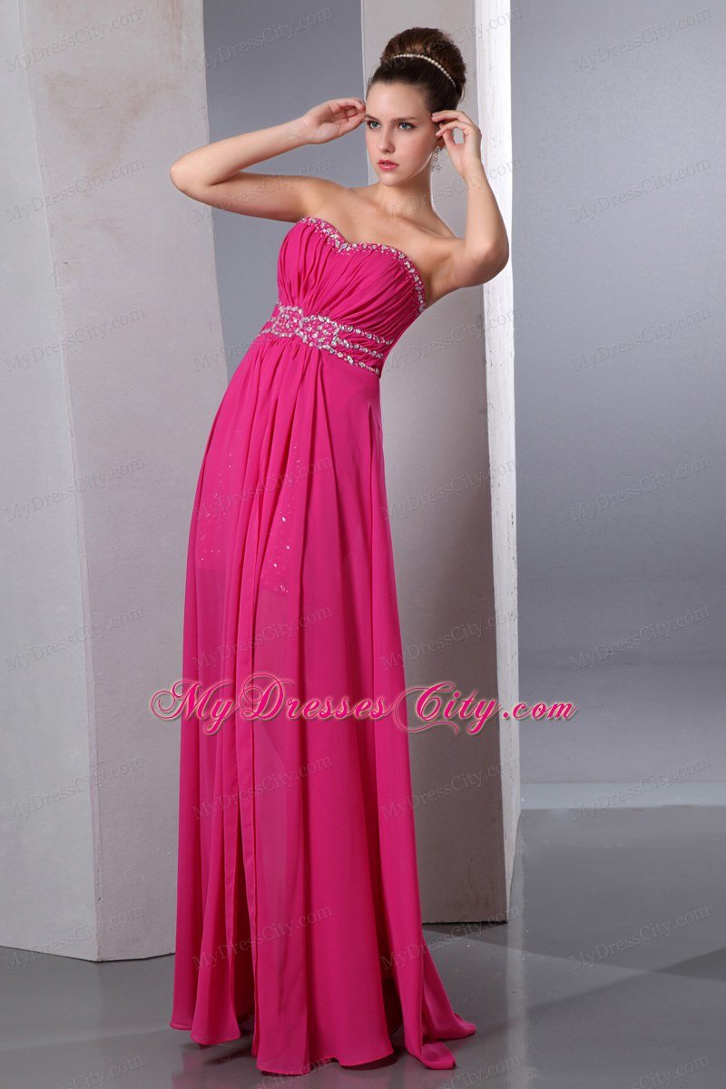 Column Sweetheart Chiffon Beading High-Low Hot Pink Prom Dress