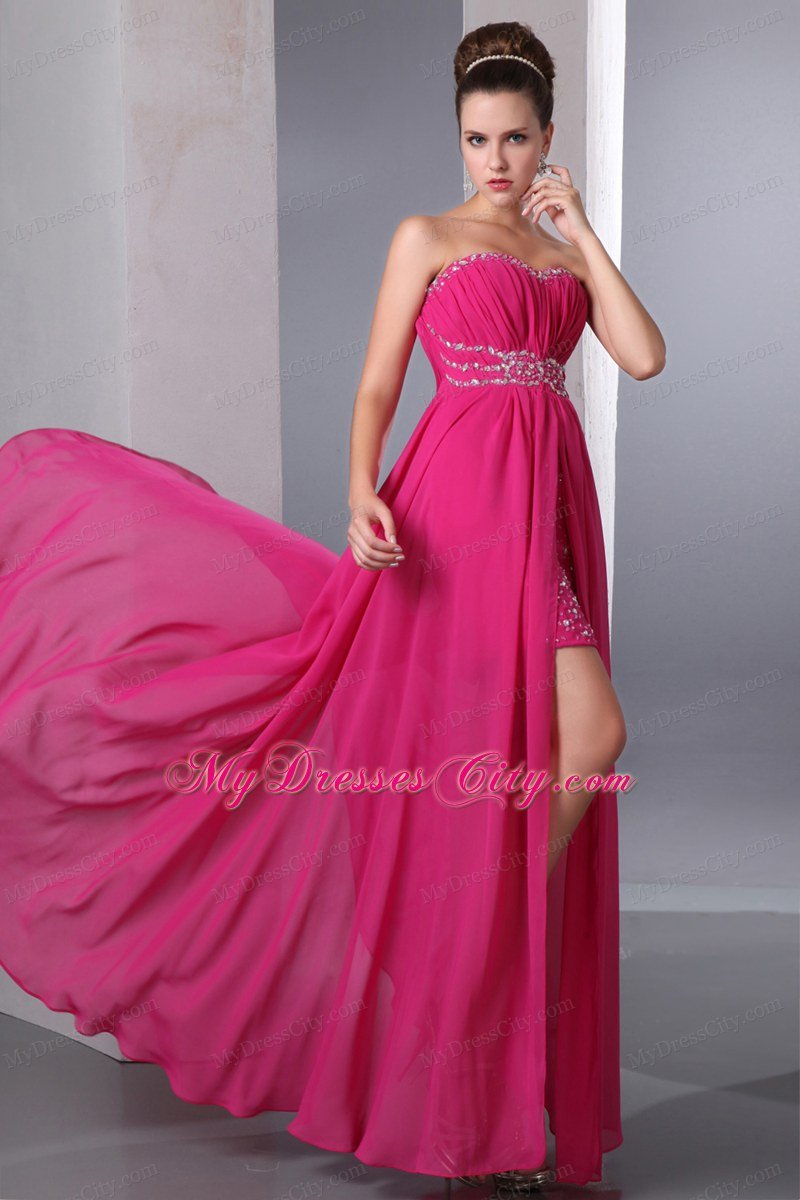 Column Sweetheart Chiffon Beading High-Low Hot Pink Prom Dress