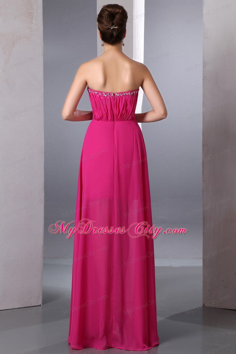 Column Sweetheart Chiffon Beading High-Low Hot Pink Prom Dress