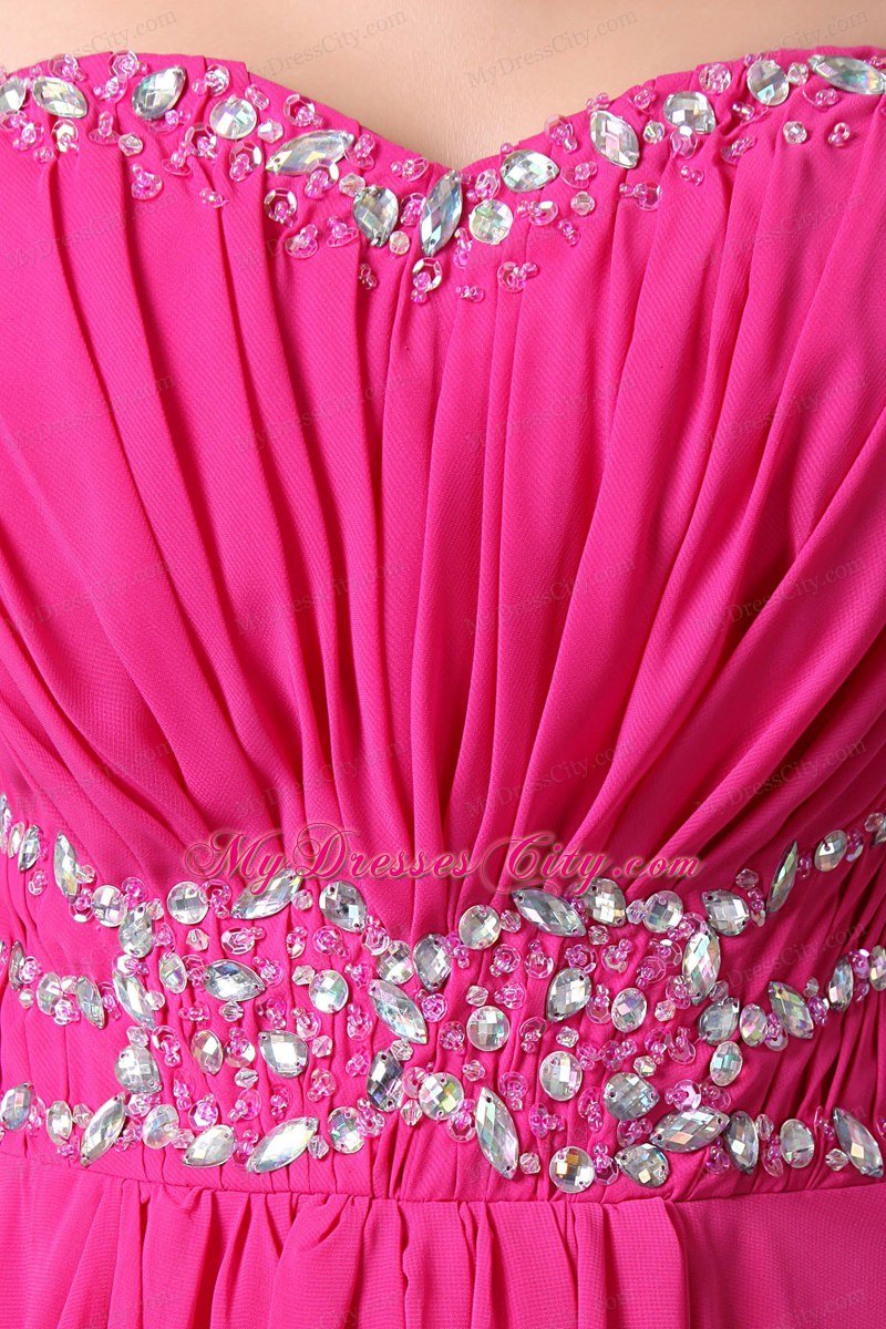 Column Sweetheart Chiffon Beading High-Low Hot Pink Prom Dress