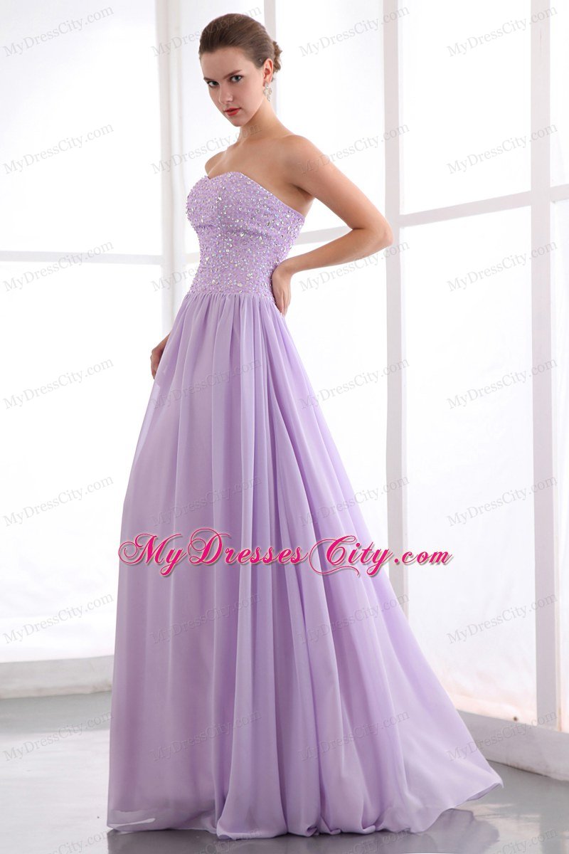 Strapless Chiffon Beading Lavender Prom Dress for Women 2013