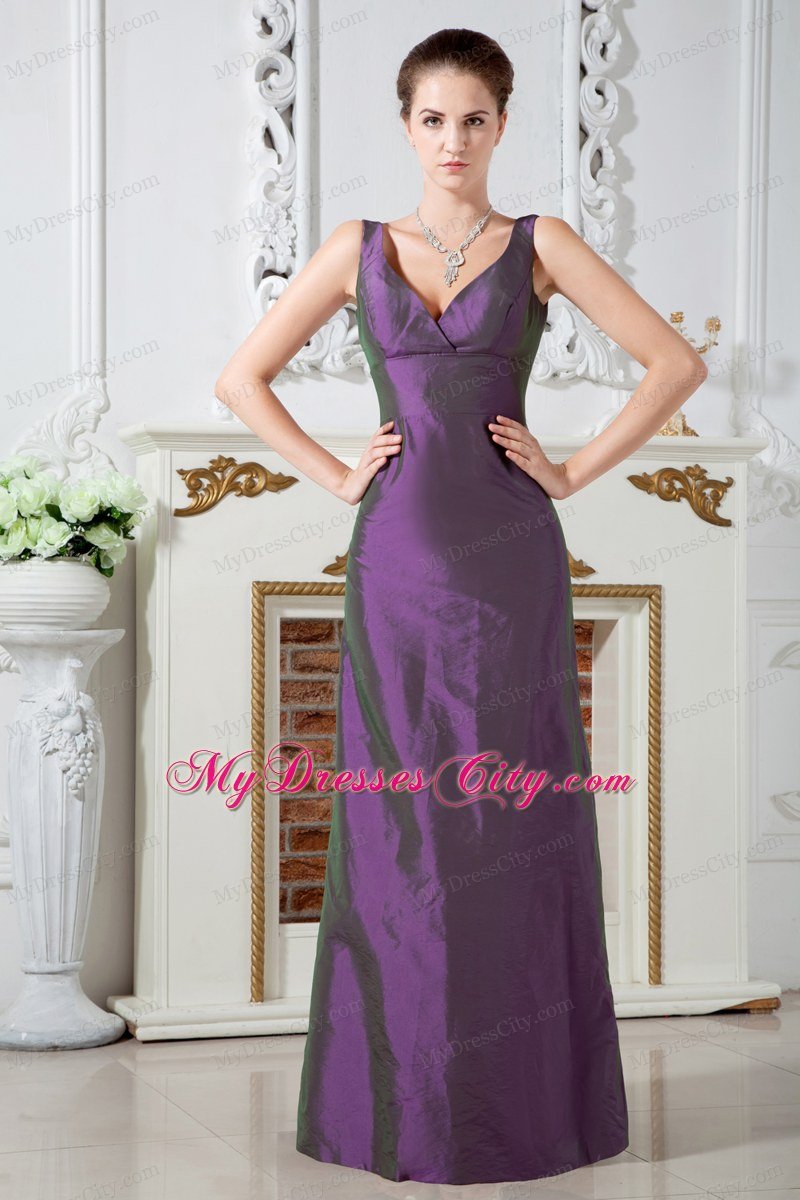 Column V-neck Floor-length Taffeta Ruches Purple Prom Dress