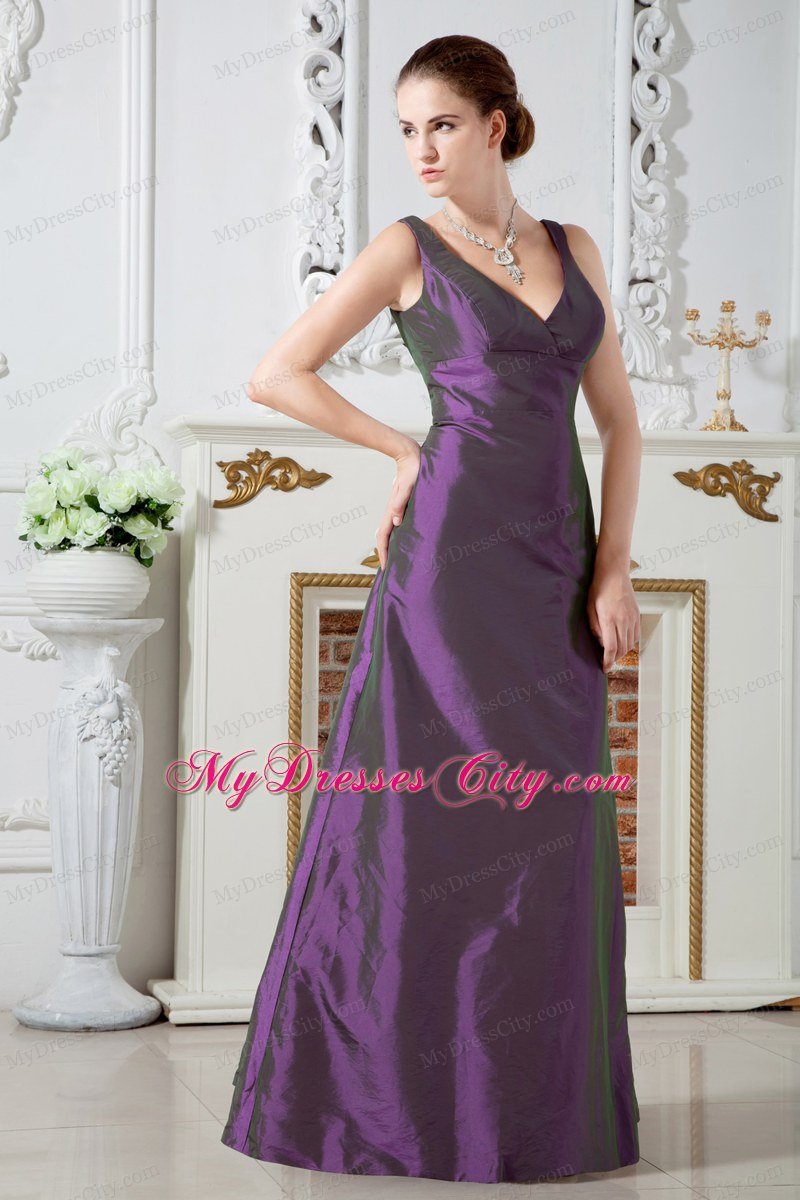 Column V-neck Floor-length Taffeta Ruches Purple Prom Dress