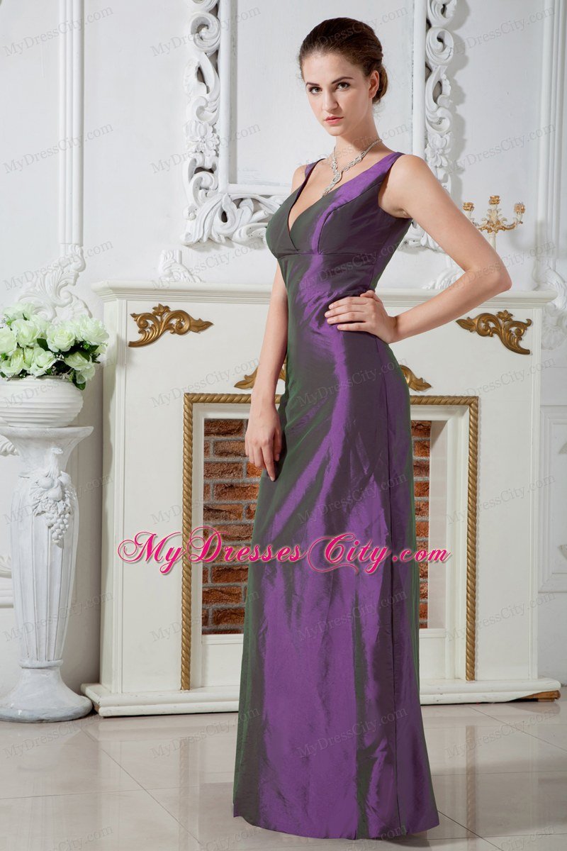 Column V-neck Floor-length Taffeta Ruches Purple Prom Dress