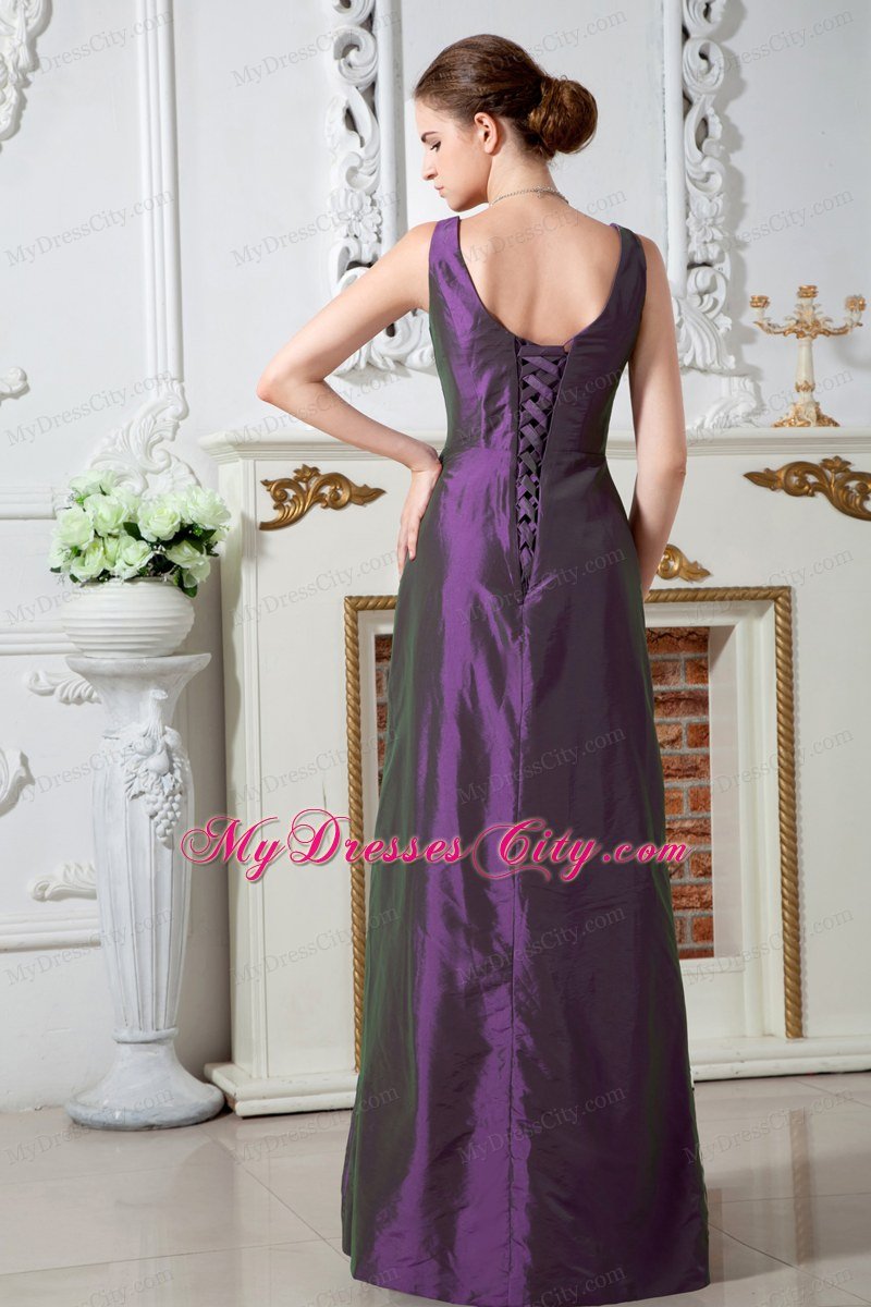 Column V-neck Floor-length Taffeta Ruches Purple Prom Dress