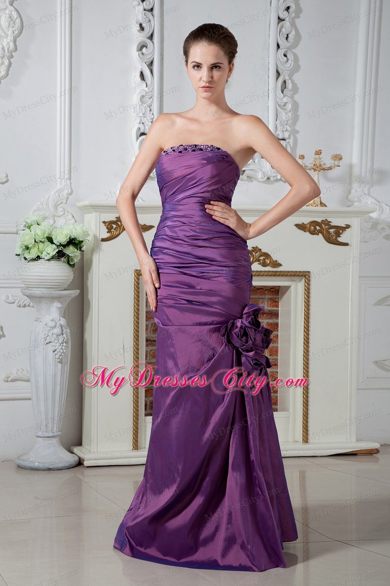 Column Strapless Ruches and Beading Purple Prom Dress with Hand Flower