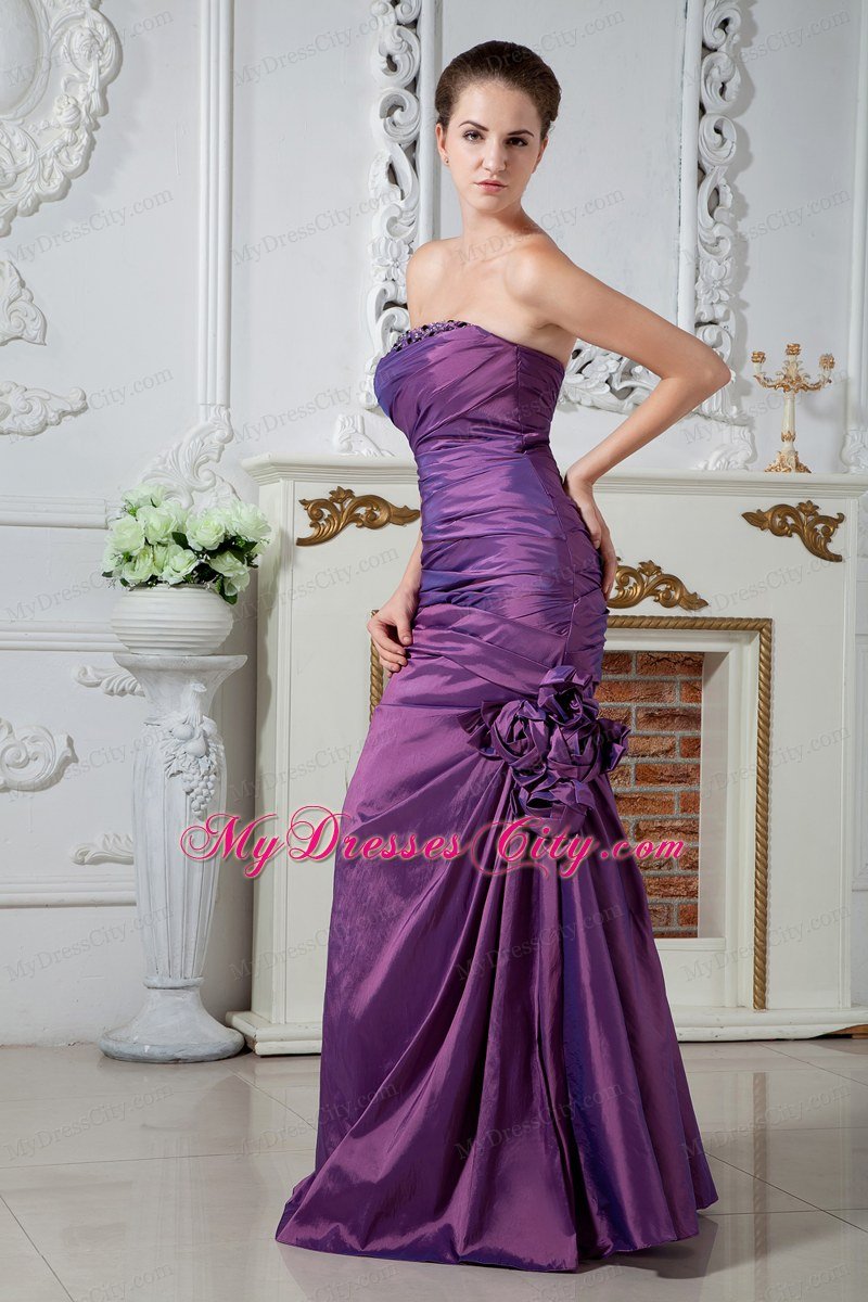 Column Strapless Ruches and Beading Purple Prom Dress with Hand Flower