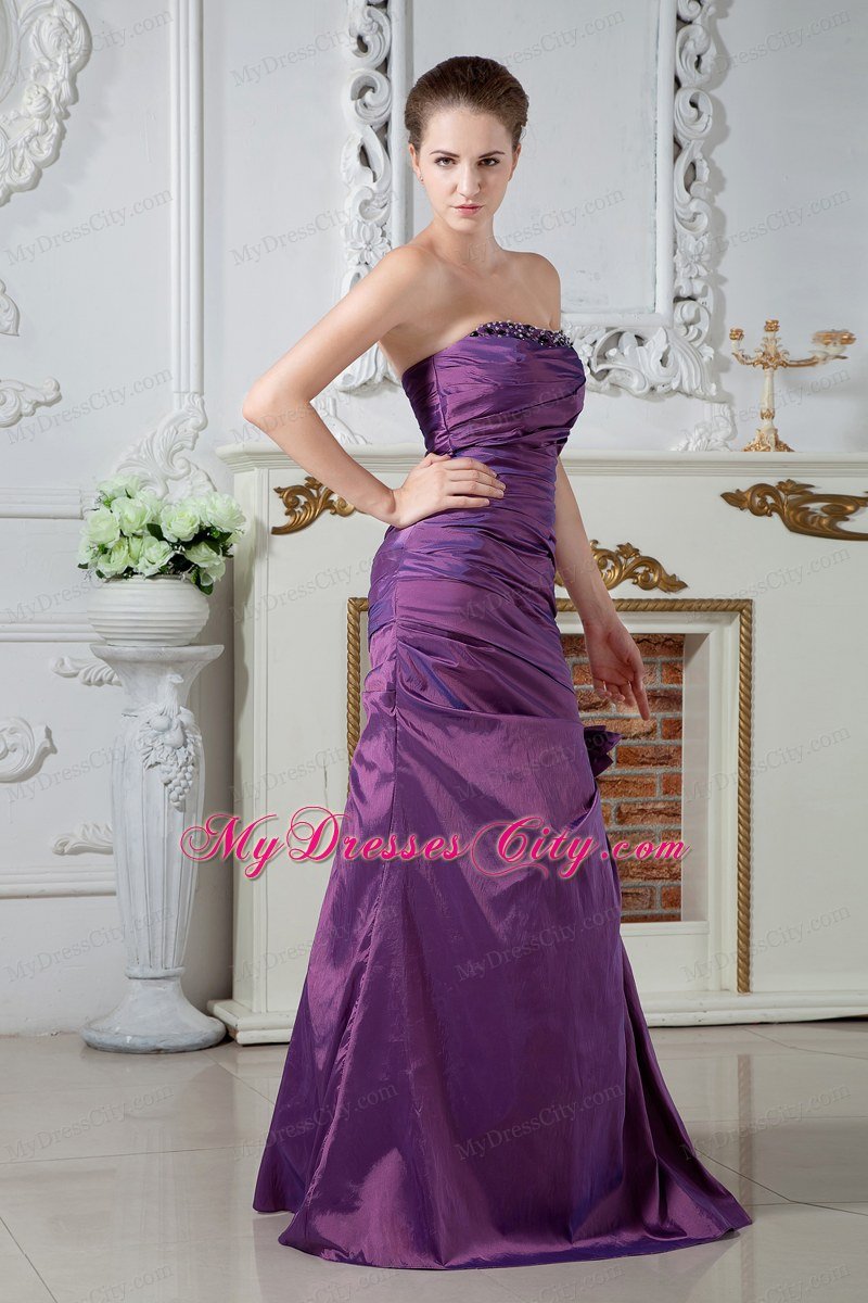 Column Strapless Ruches and Beading Purple Prom Dress with Hand Flower