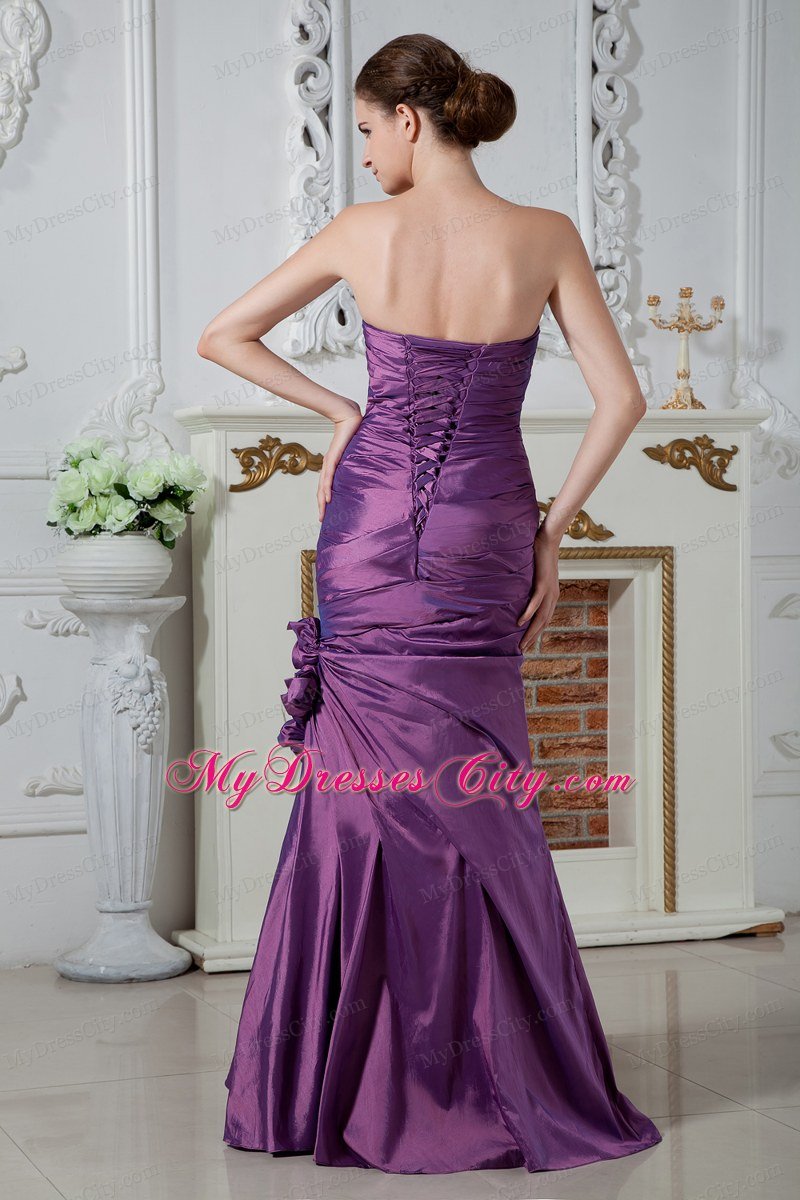 Column Strapless Ruches and Beading Purple Prom Dress with Hand Flower