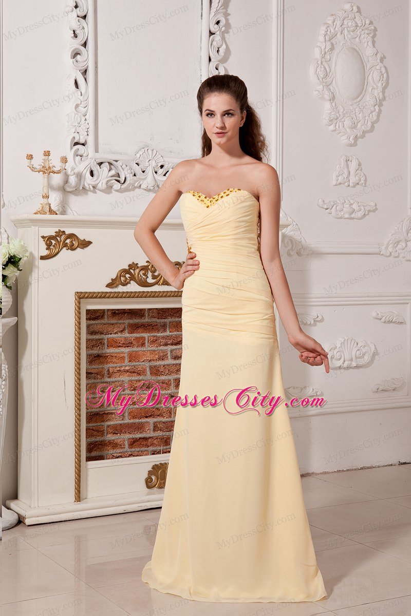 Column Sweetheart Ruches and Beading Light Yellow Prom Dress