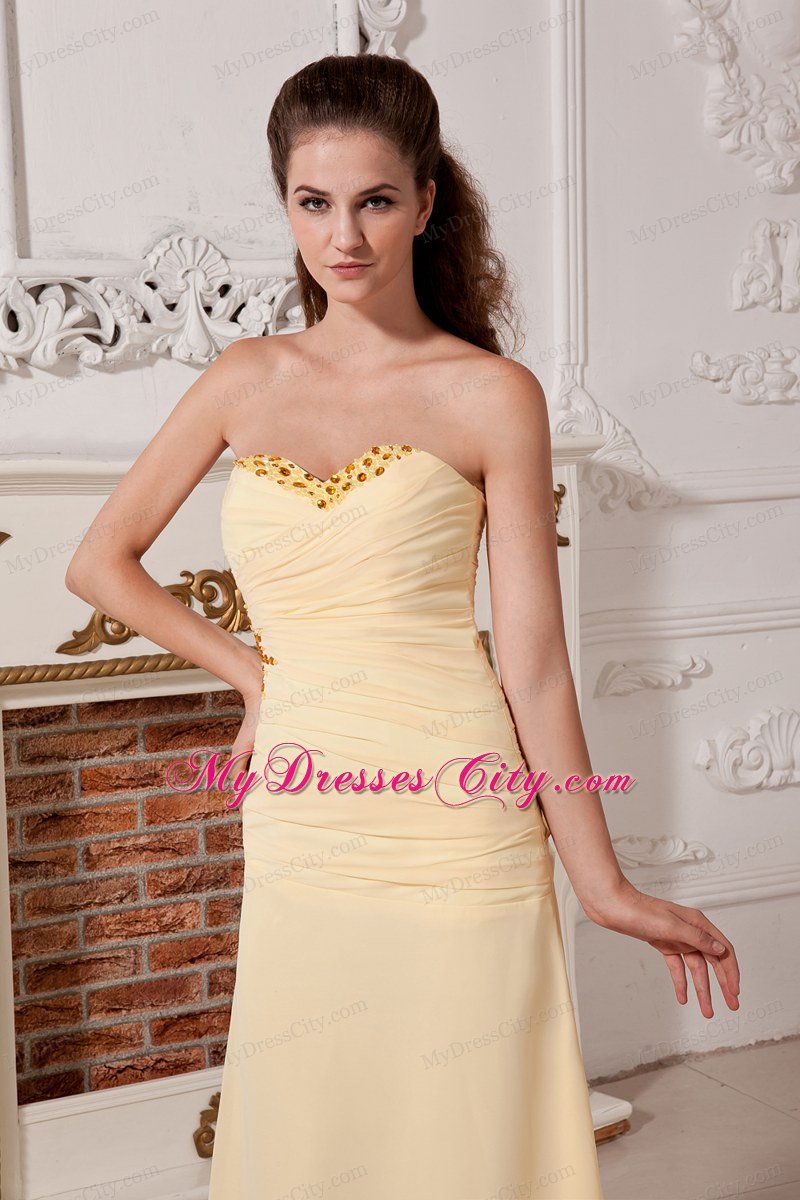 Column Sweetheart Ruches and Beading Light Yellow Prom Dress