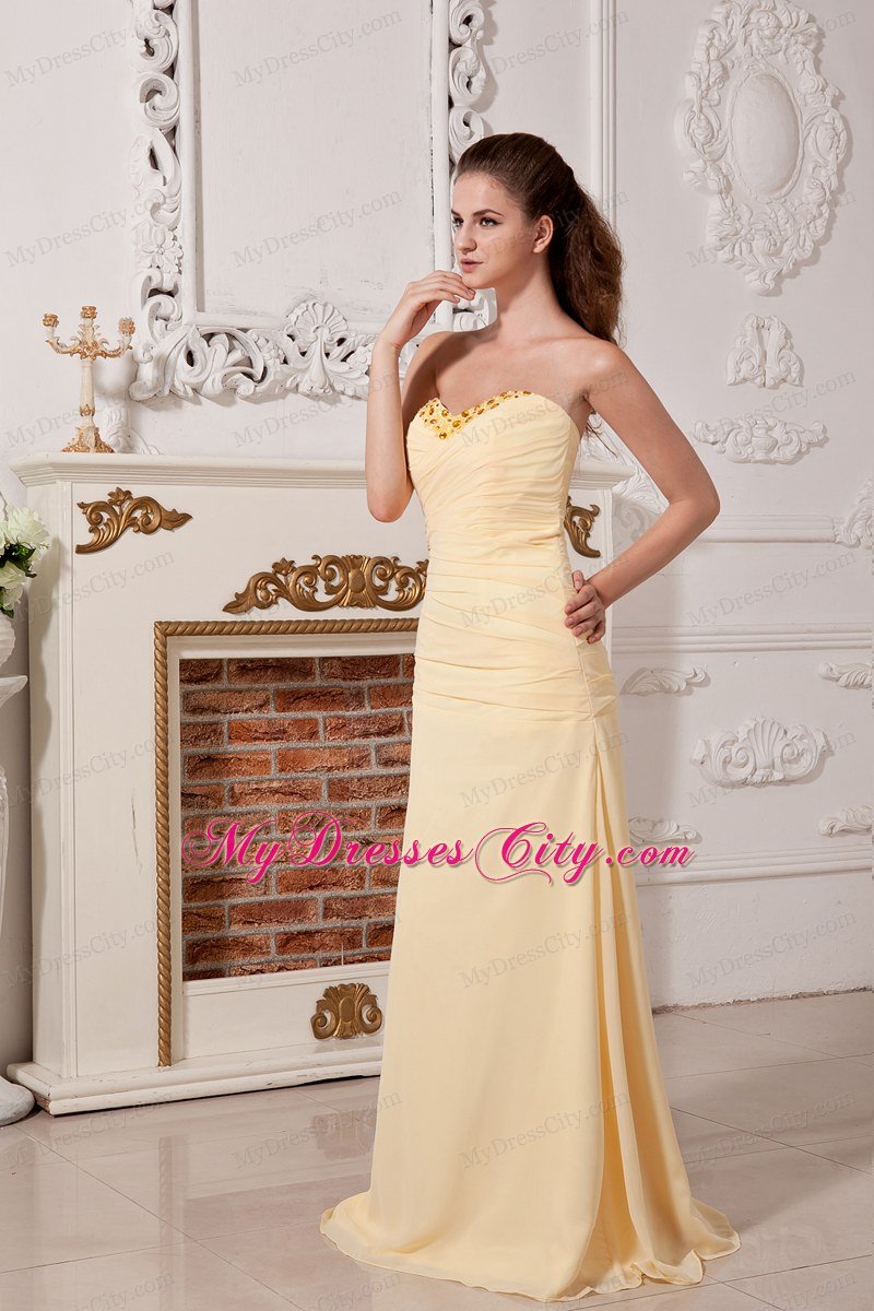 Column Sweetheart Ruches and Beading Light Yellow Prom Dress