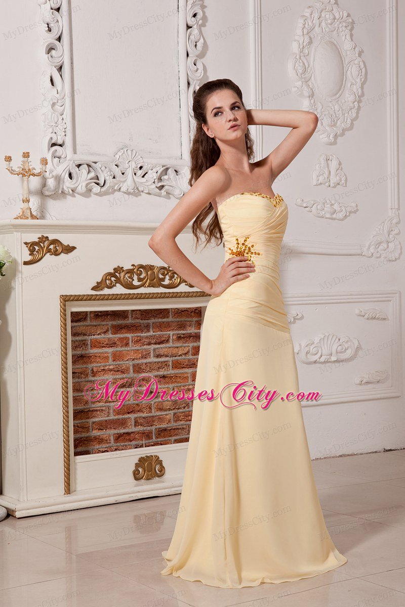 Column Sweetheart Ruches and Beading Light Yellow Prom Dress