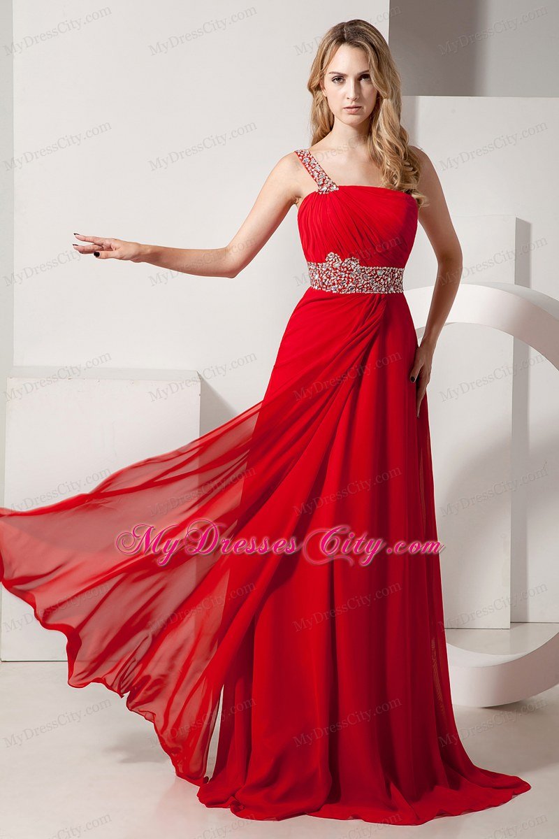 Red One Shoulder Beaded Strap Brush Train Chiffon Prom Dress