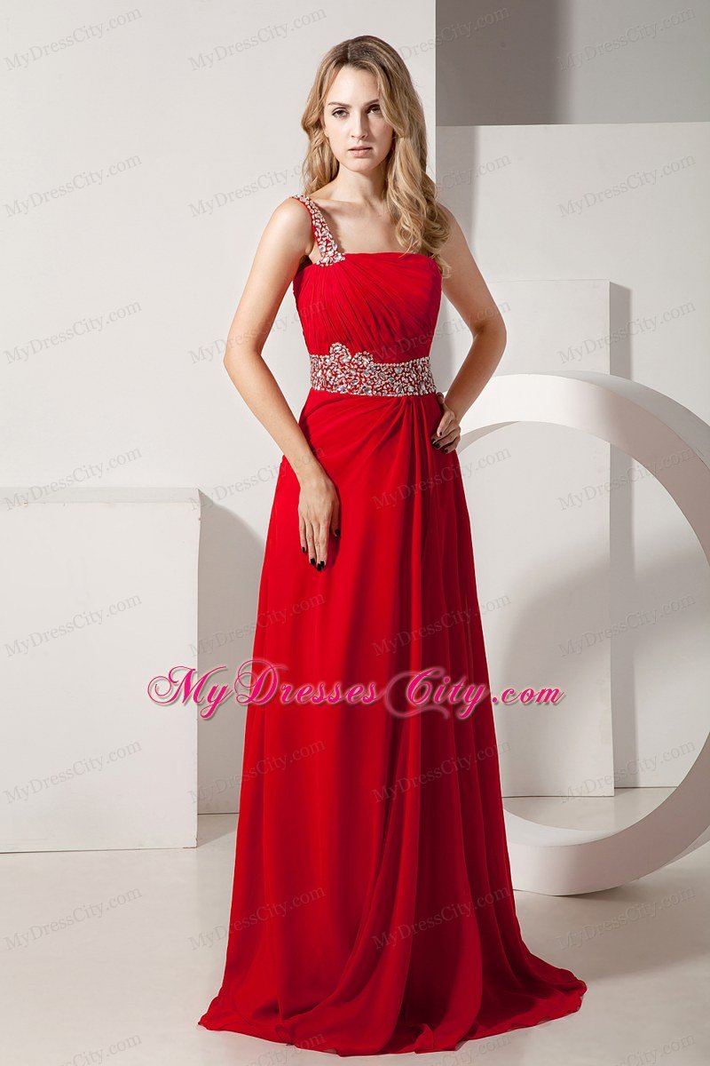 Red One Shoulder Beaded Strap Brush Train Chiffon Prom Dress