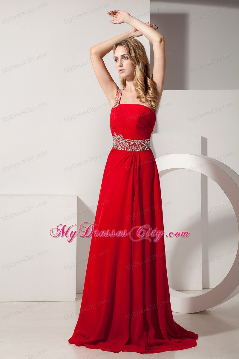 Red One Shoulder Beaded Strap Brush Train Chiffon Prom Dress