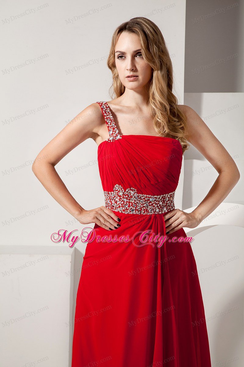 Red One Shoulder Beaded Strap Brush Train Chiffon Prom Dress