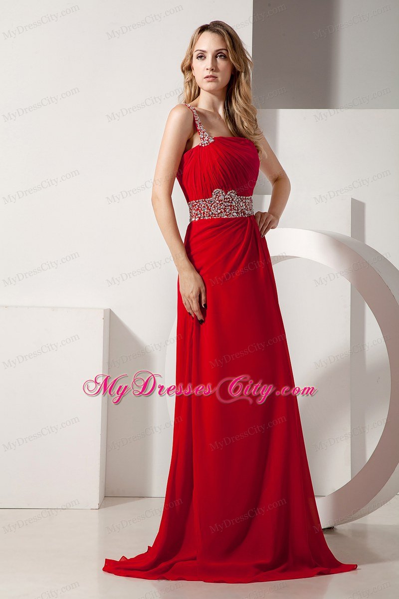 Red One Shoulder Beaded Strap Brush Train Chiffon Prom Dress