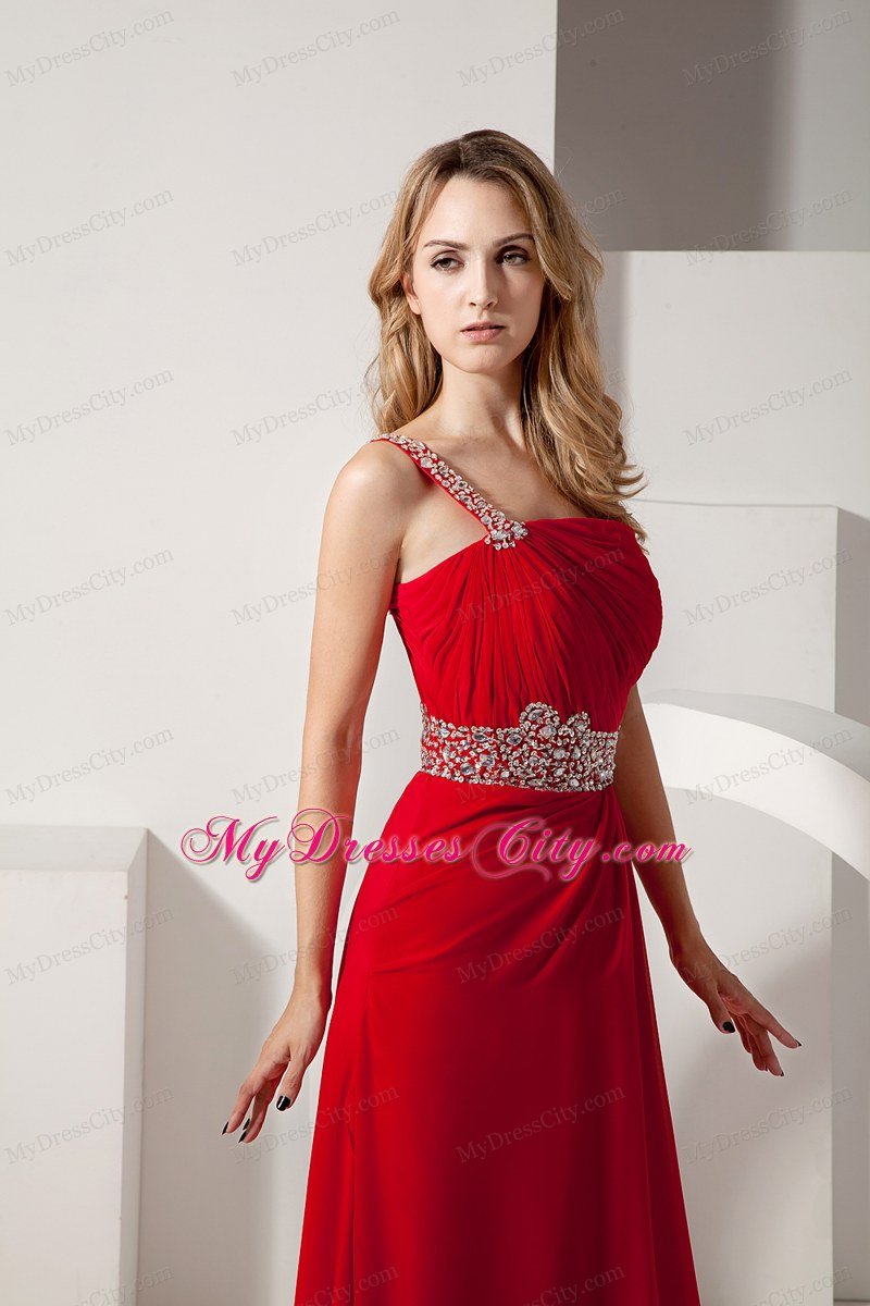 Red One Shoulder Beaded Strap Brush Train Chiffon Prom Dress