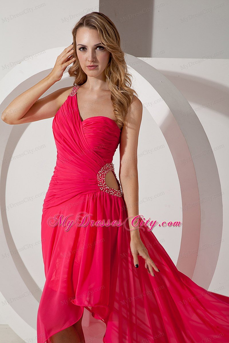 One Shoulder Chiffon Beading High-low Hot Pink Prom Dress