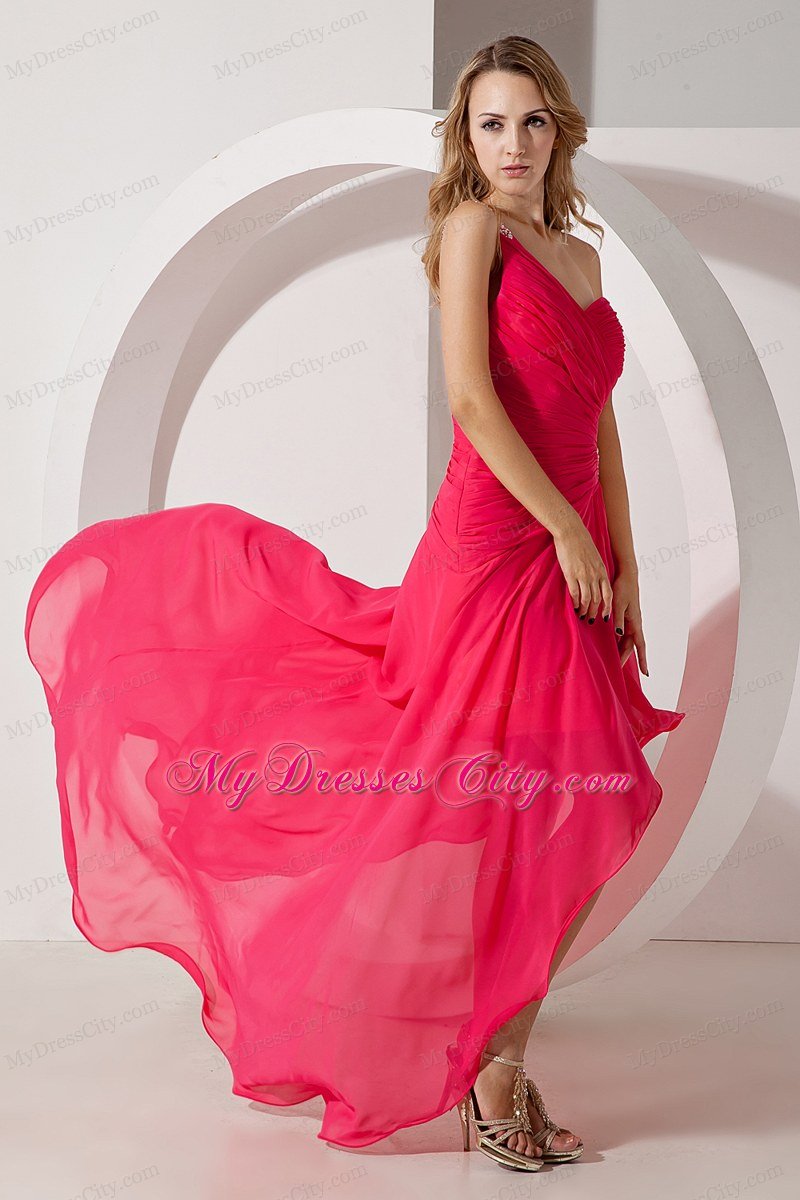 One Shoulder Chiffon Beading High-low Hot Pink Prom Dress