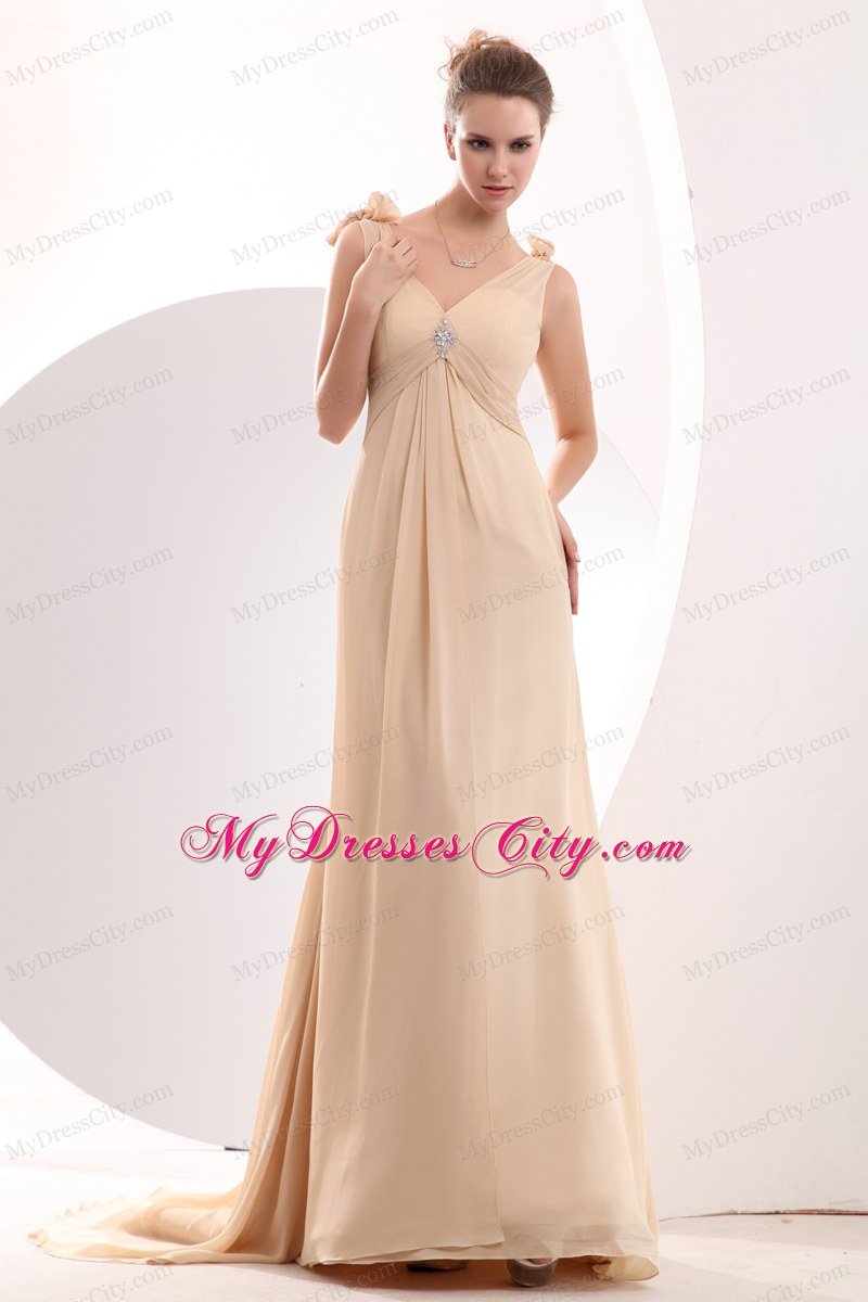 Cheap Brush Train Chiffon V-neck Champagne Prom Dress with Beading