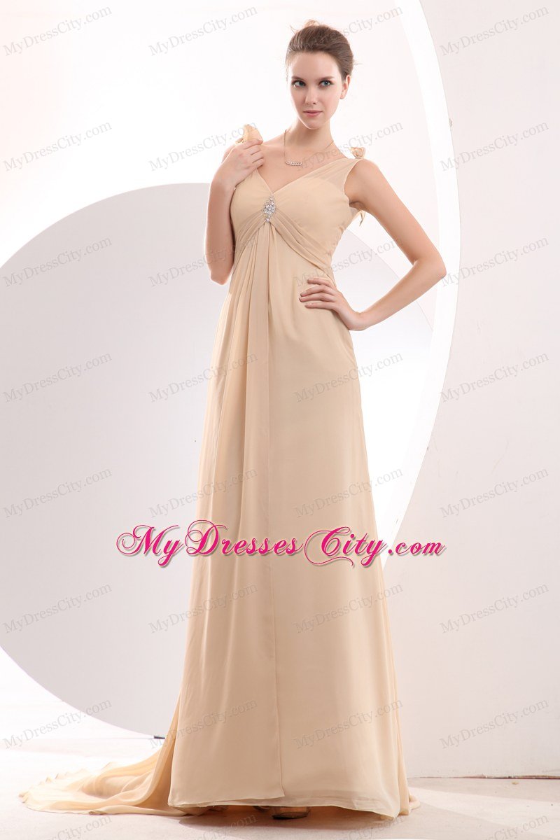 Cheap Brush Train Chiffon V-neck Champagne Prom Dress with Beading