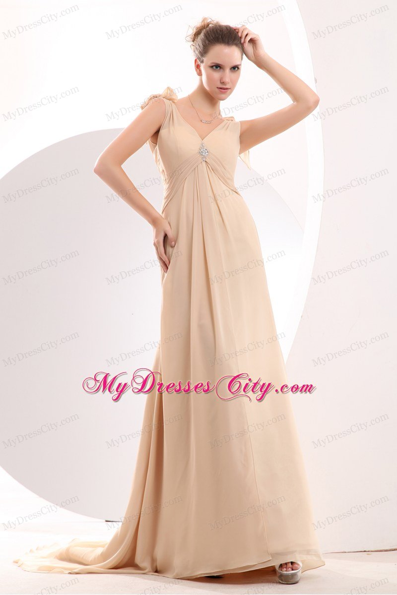 Cheap Brush Train Chiffon V-neck Champagne Prom Dress with Beading