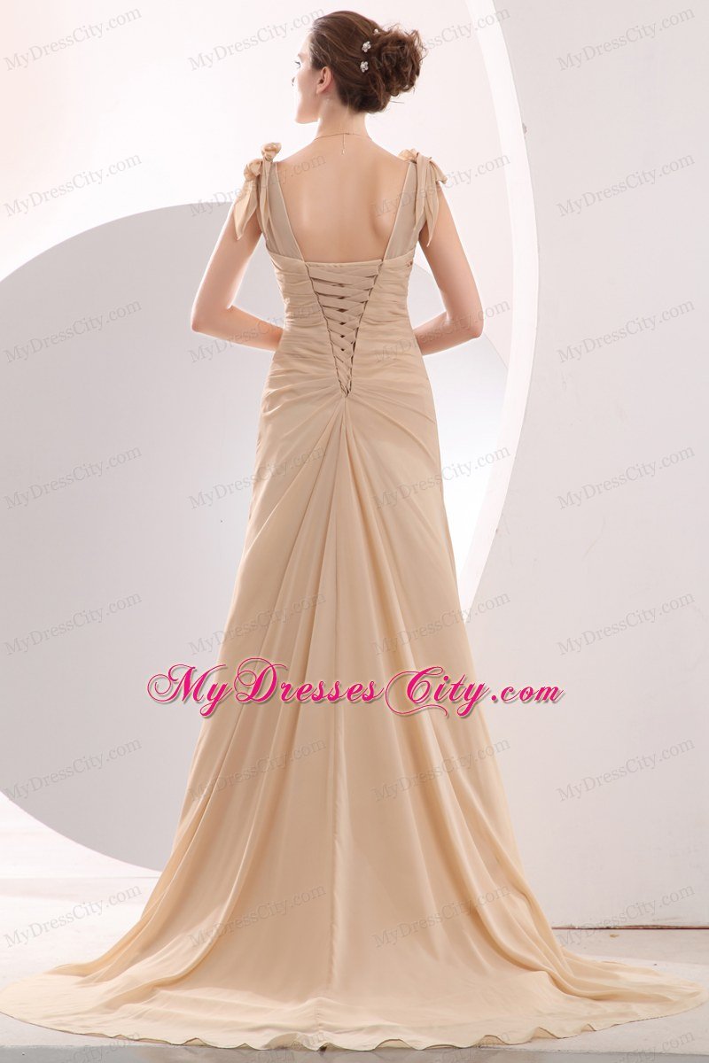 Cheap Brush Train Chiffon V-neck Champagne Prom Dress with Beading