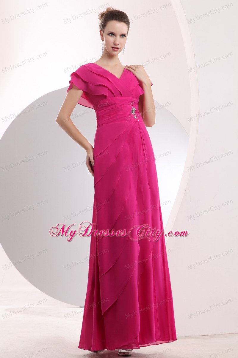 Cap Sleeves Hot Pink Chiffon V-neck Prom Dress with Beading