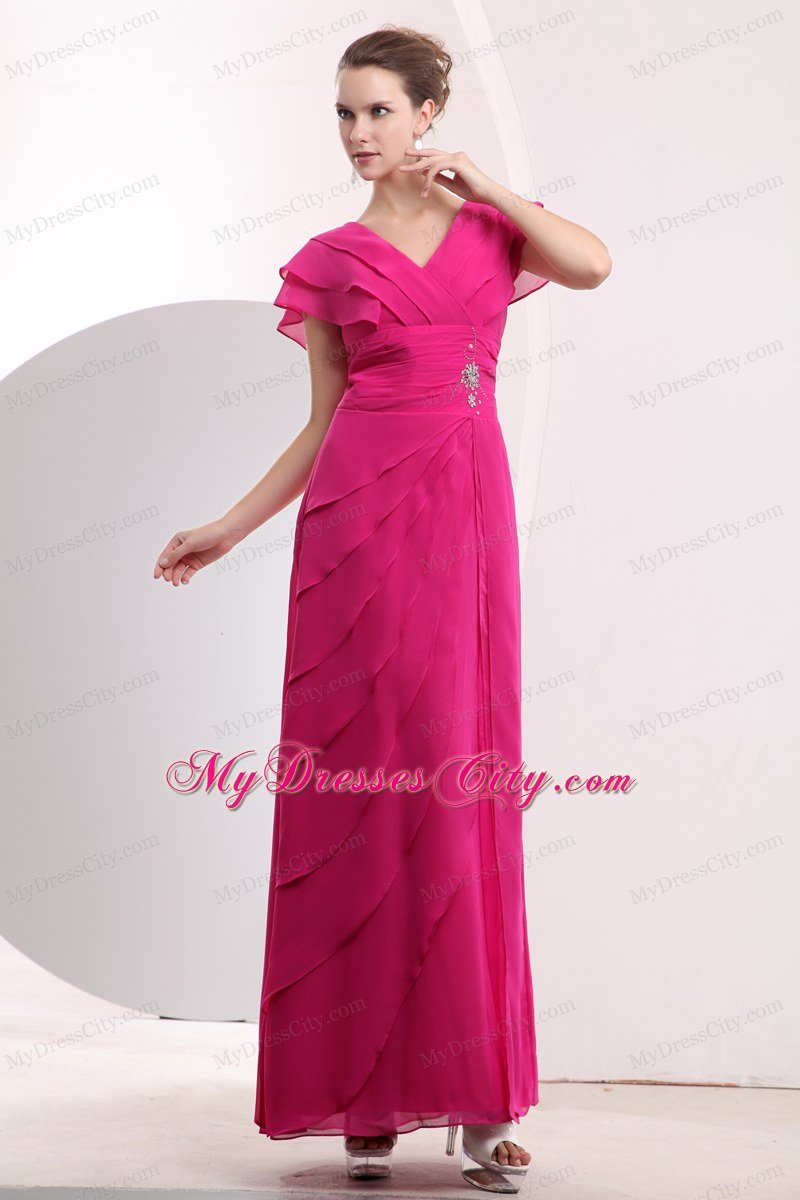 Cap Sleeves Hot Pink Chiffon V-neck Prom Dress with Beading