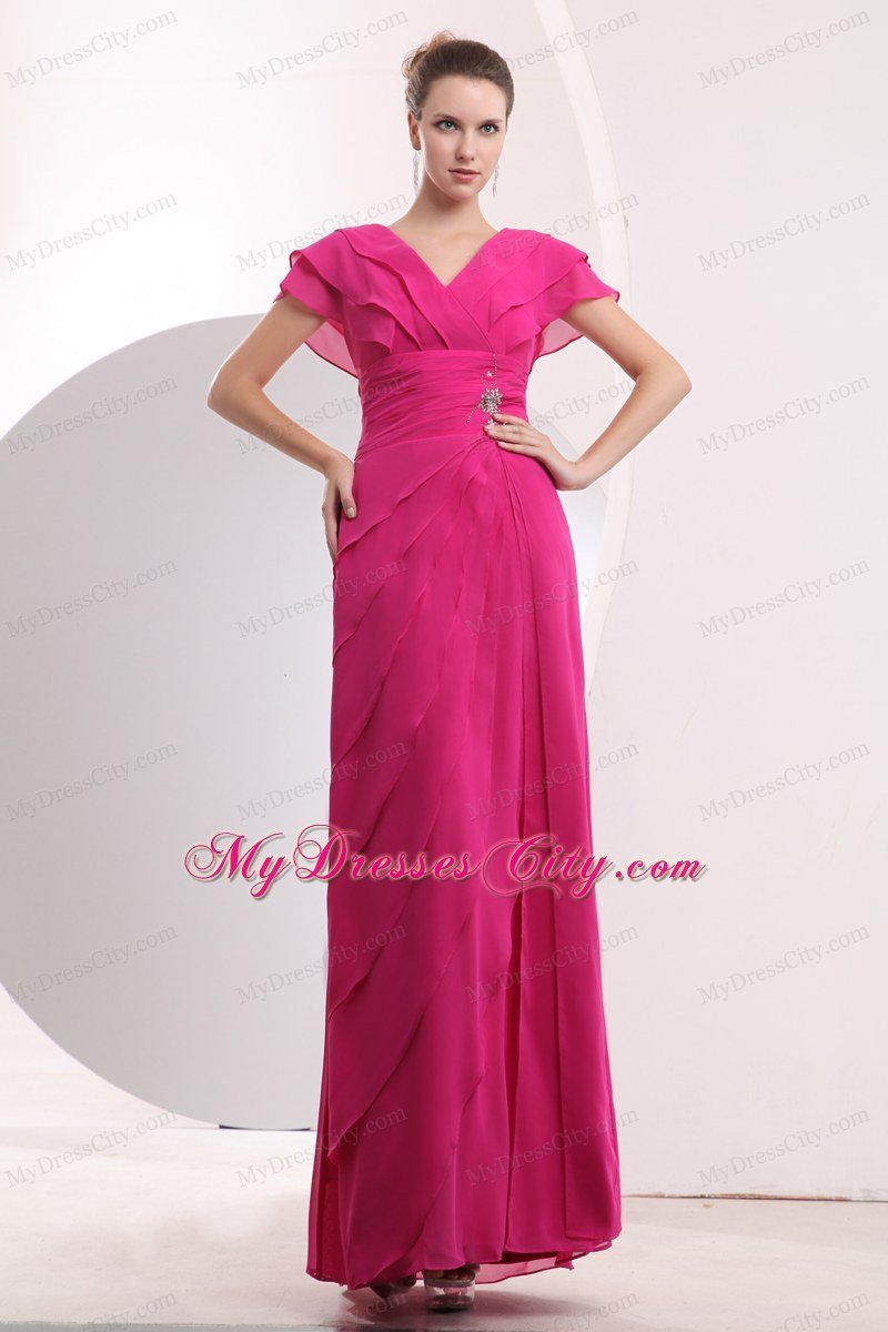 Cap Sleeves Hot Pink Chiffon V-neck Prom Dress with Beading