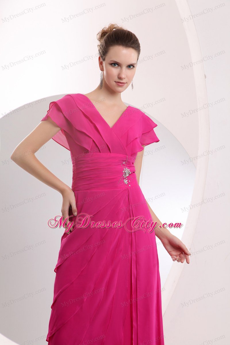 Cap Sleeves Hot Pink Chiffon V-neck Prom Dress with Beading