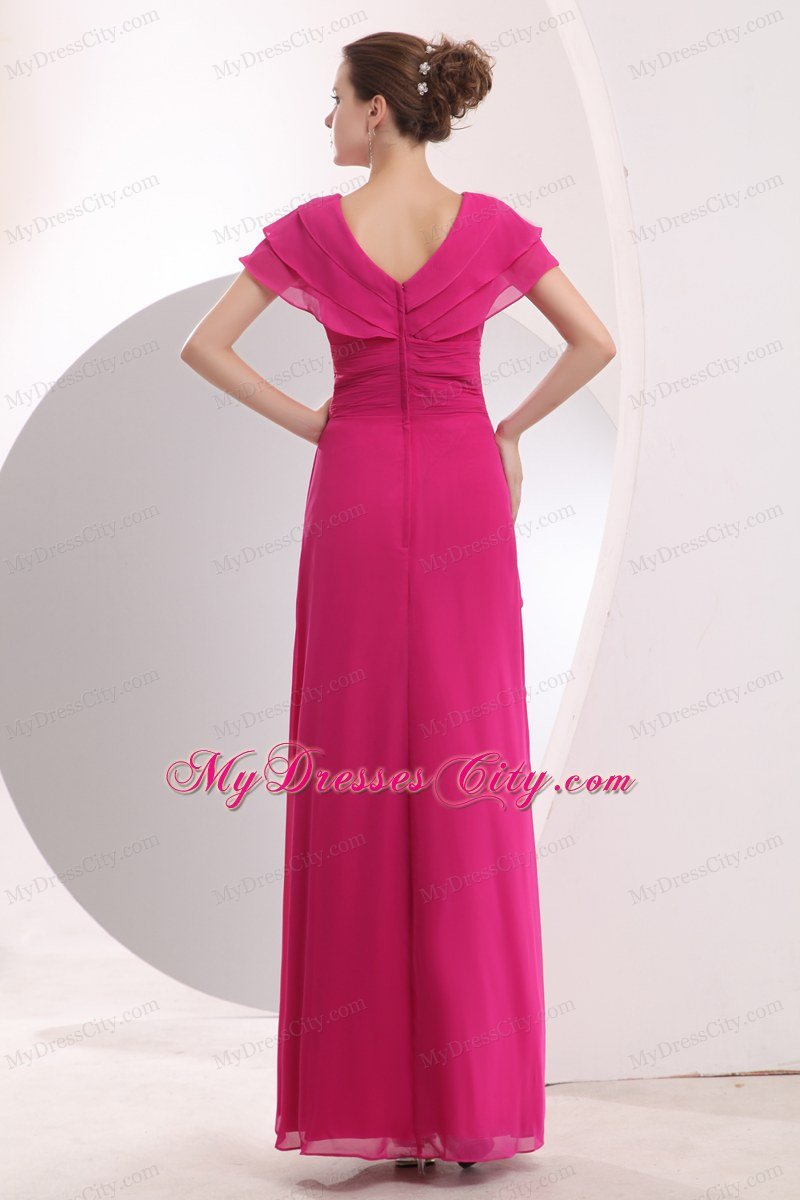 Cap Sleeves Hot Pink Chiffon V-neck Prom Dress with Beading