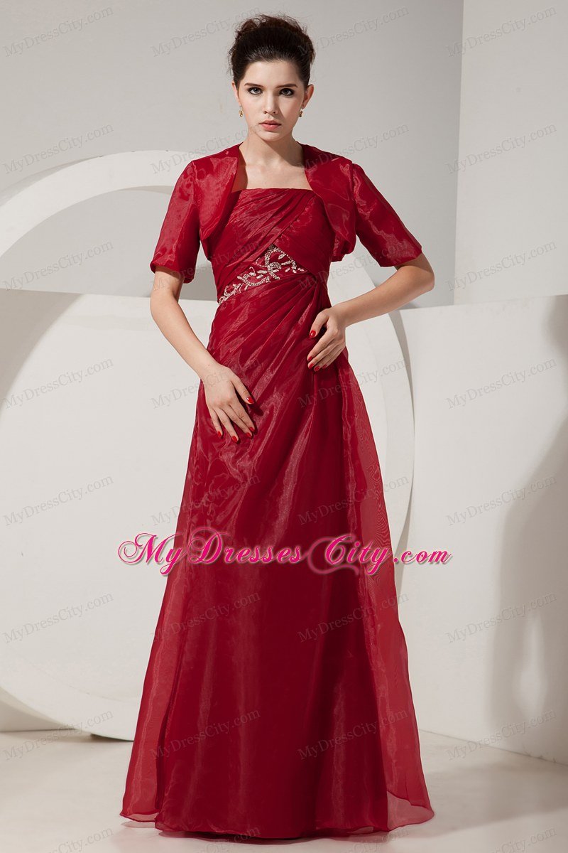 Organza Strapless Beading Wine Red Prom Dresses with Jacket