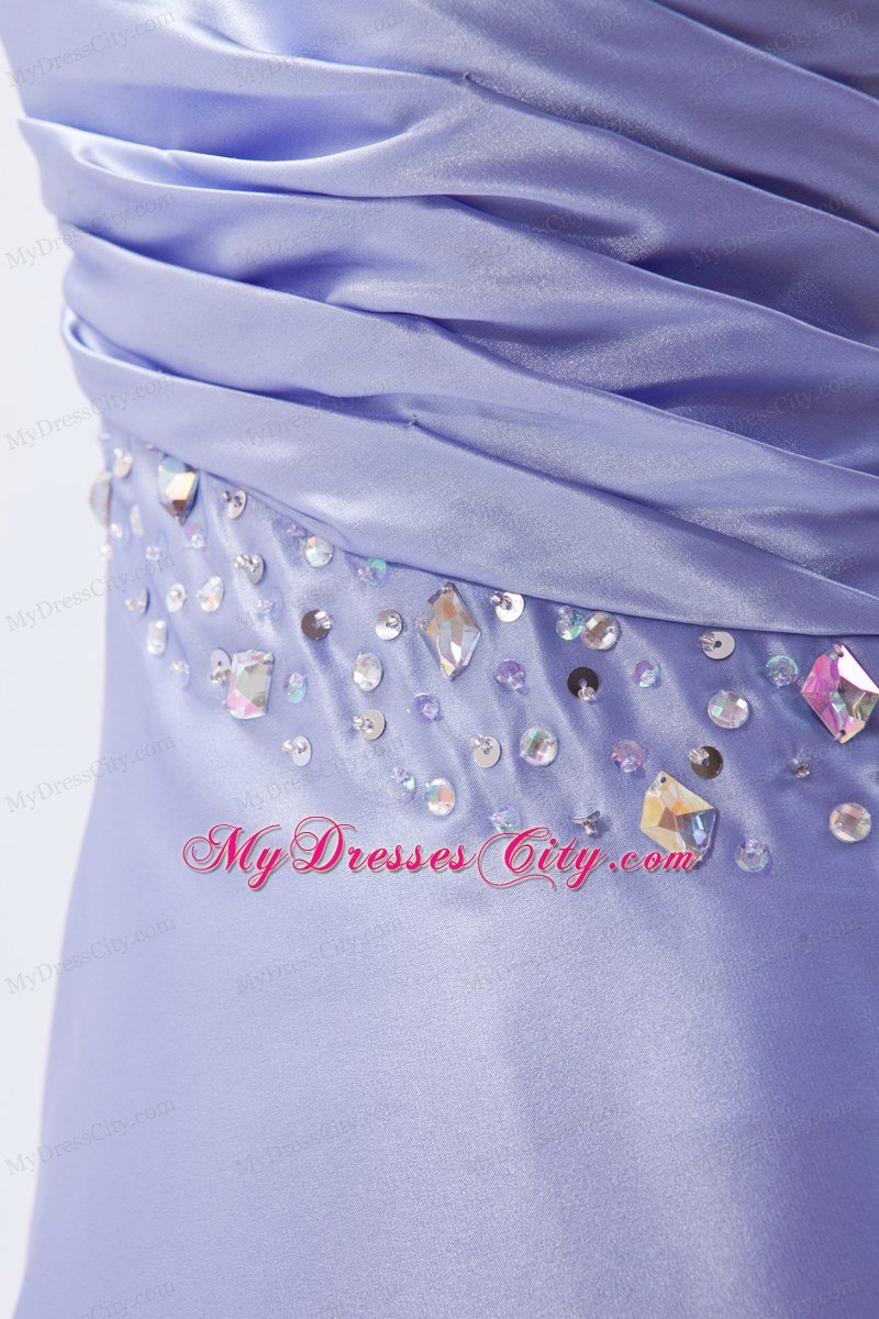 Rhinestone One Shoulder Ruched Lilac Prom Dress with Cutouts