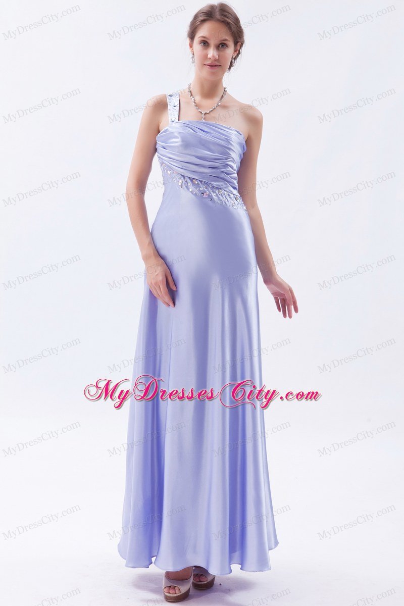 Rhinestone One Shoulder Ruched Lilac Prom Dress with Cutouts