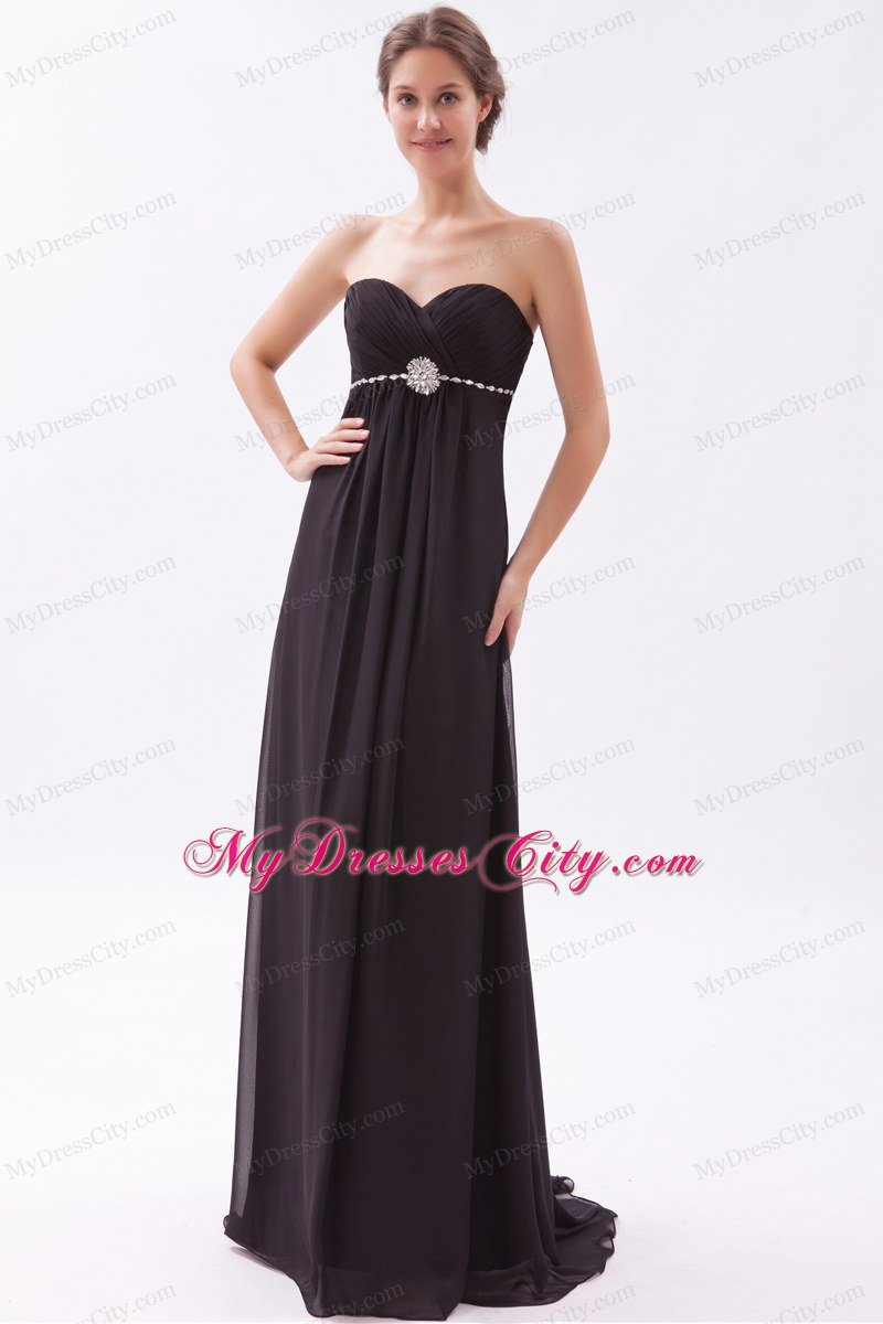 Chiffon Empire Sweetheart Brush Train Black Prom Dress with Beading