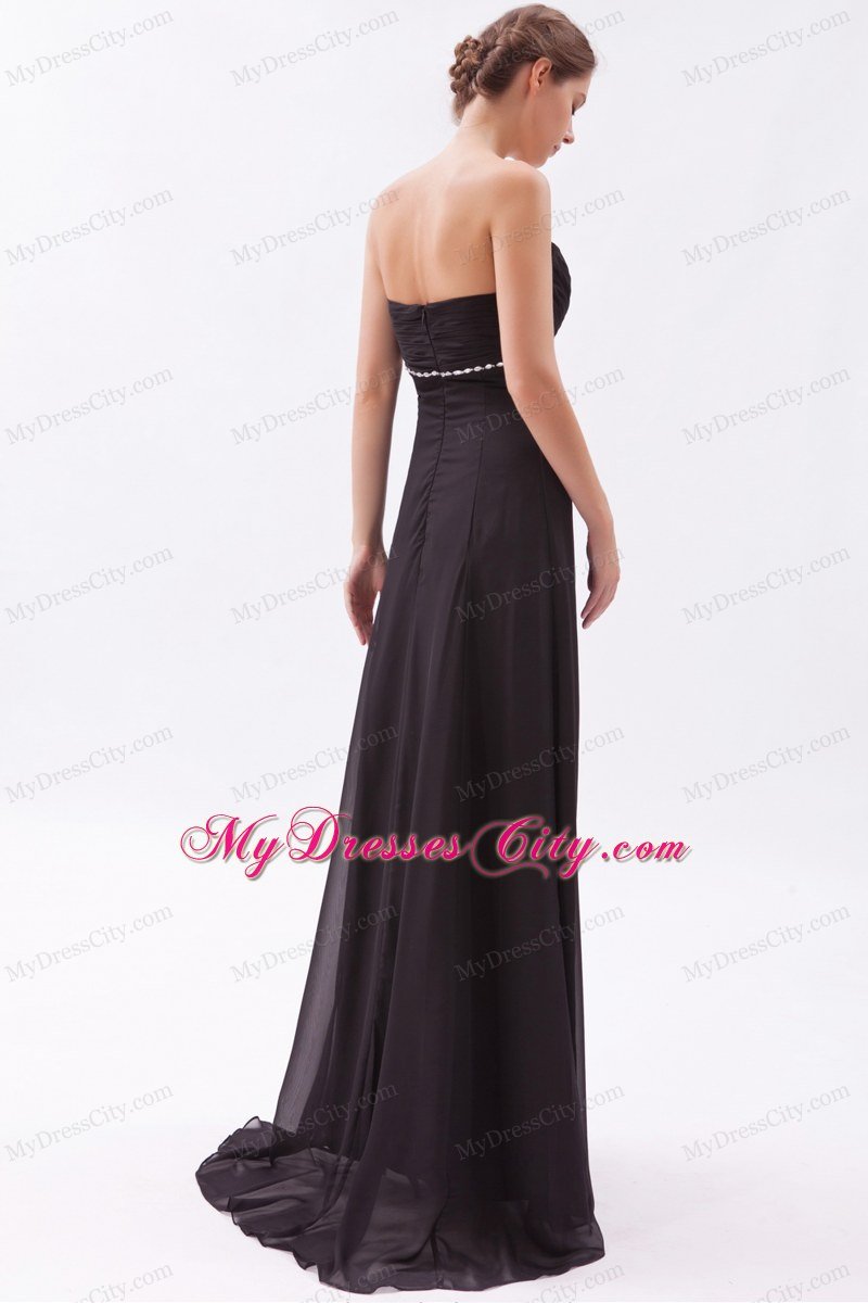 Chiffon Empire Sweetheart Brush Train Black Prom Dress with Beading