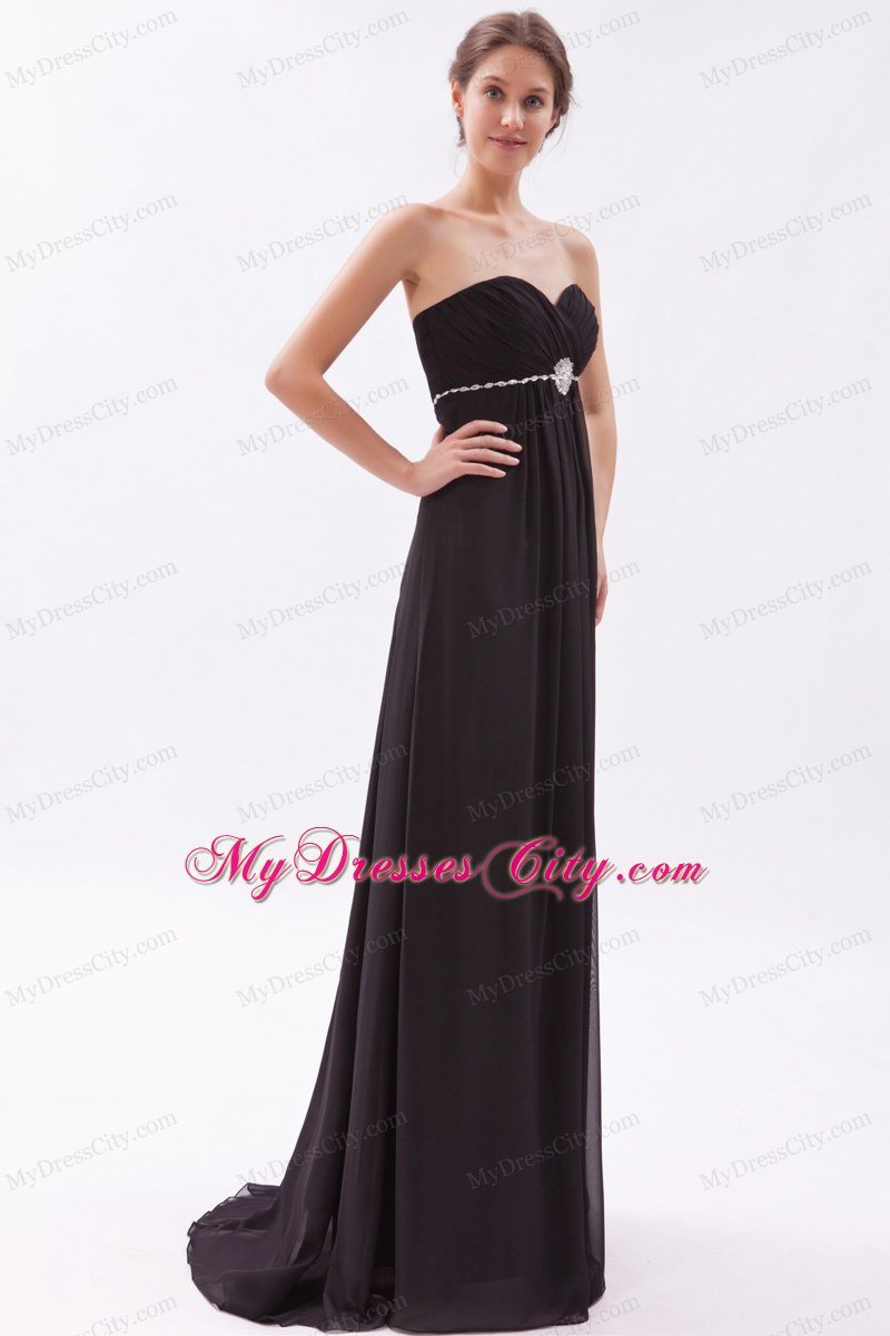 Chiffon Empire Sweetheart Brush Train Black Prom Dress with Beading