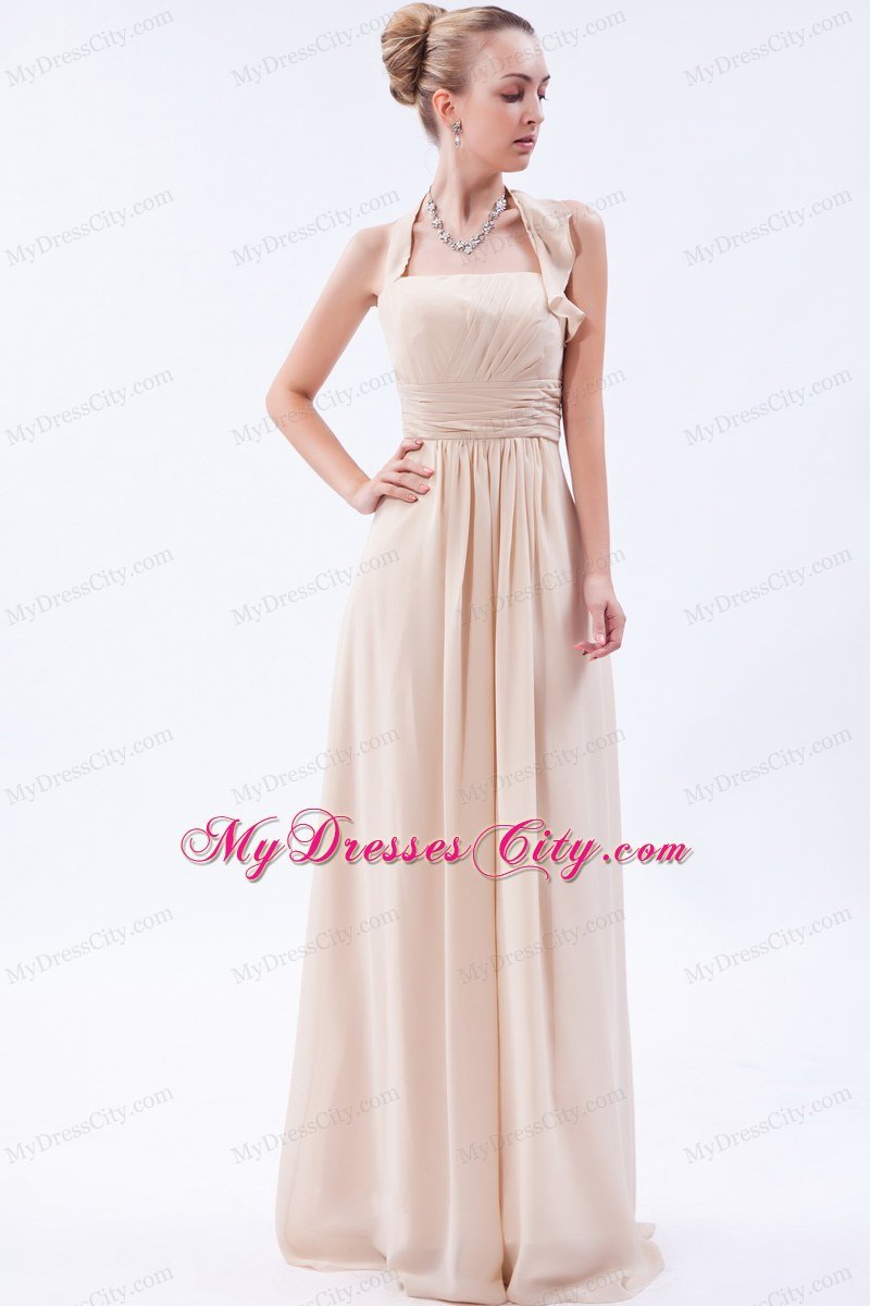 Ruched Empire Halter Chiffon Champagne Prom Dress with Zipper Back