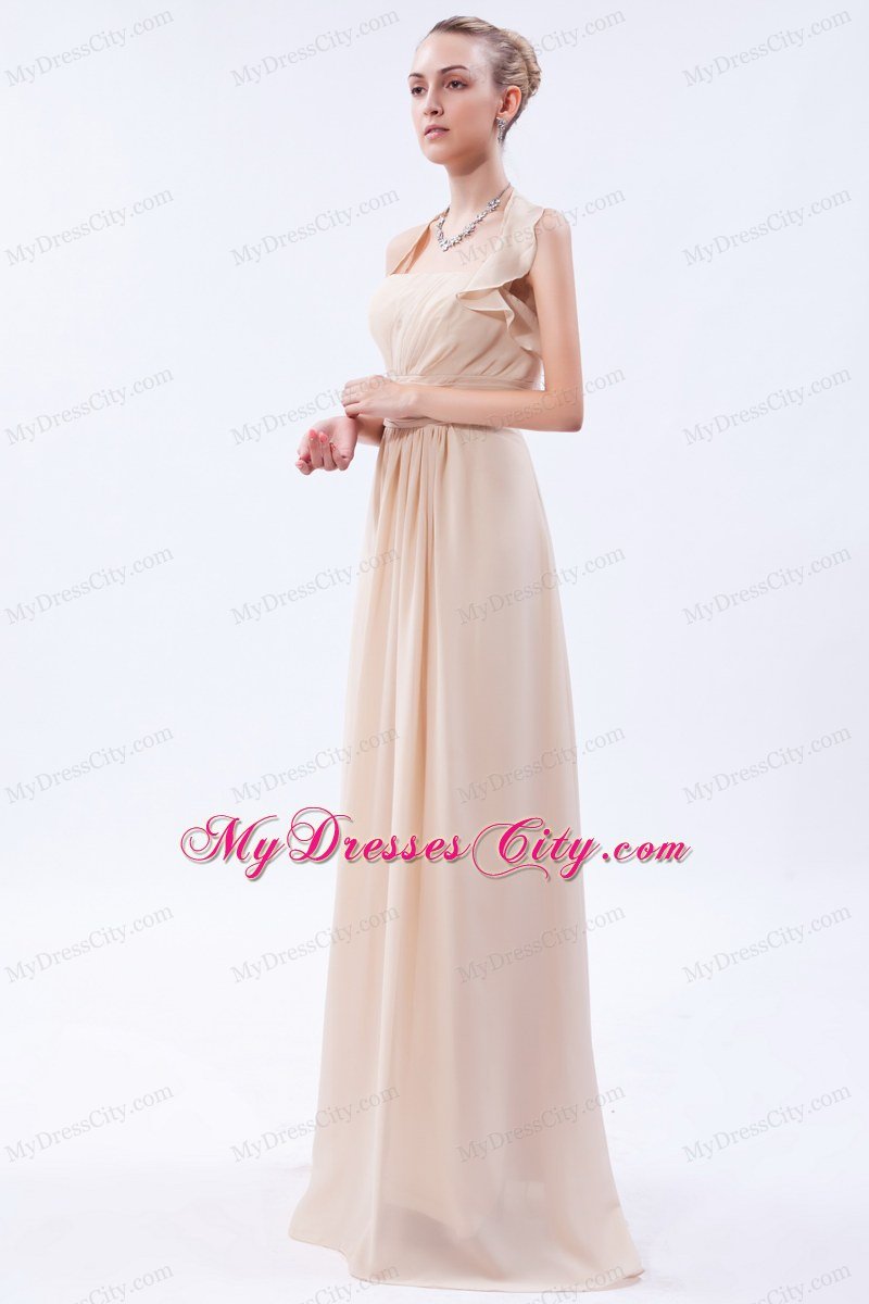 Ruched Empire Halter Chiffon Champagne Prom Dress with Zipper Back