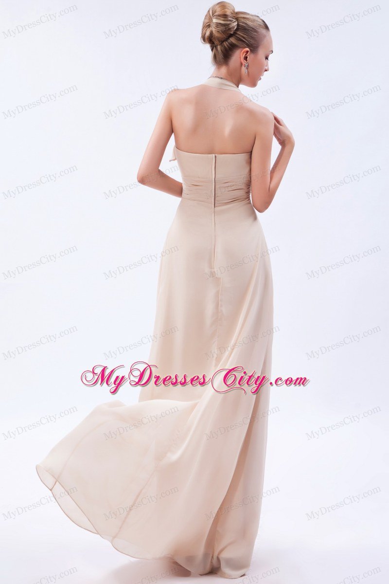 Ruched Empire Halter Chiffon Champagne Prom Dress with Zipper Back