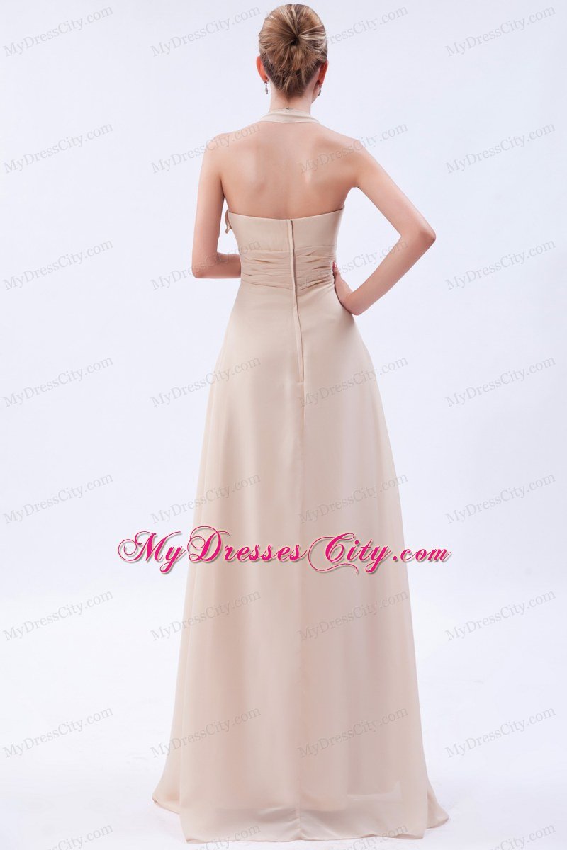 Ruched Empire Halter Chiffon Champagne Prom Dress with Zipper Back