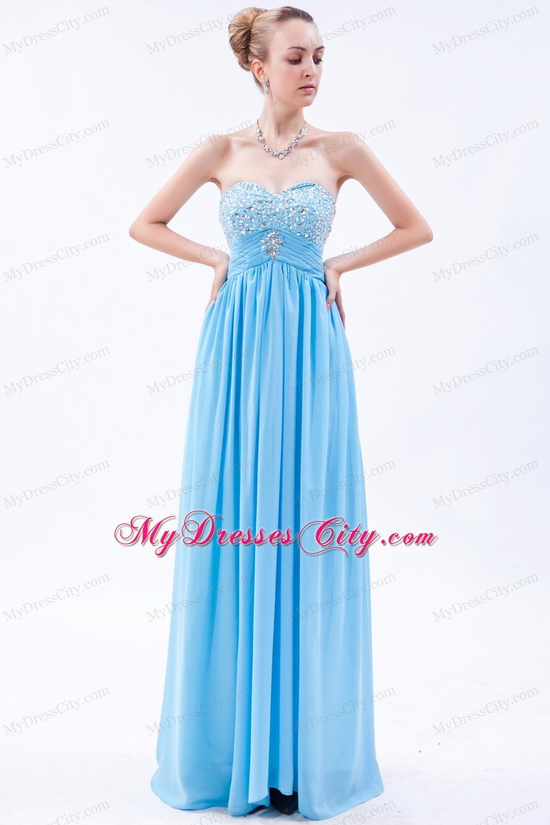 Beading Empire Sweetheart Baby Blue Chiffon Prom Dress with Ruches