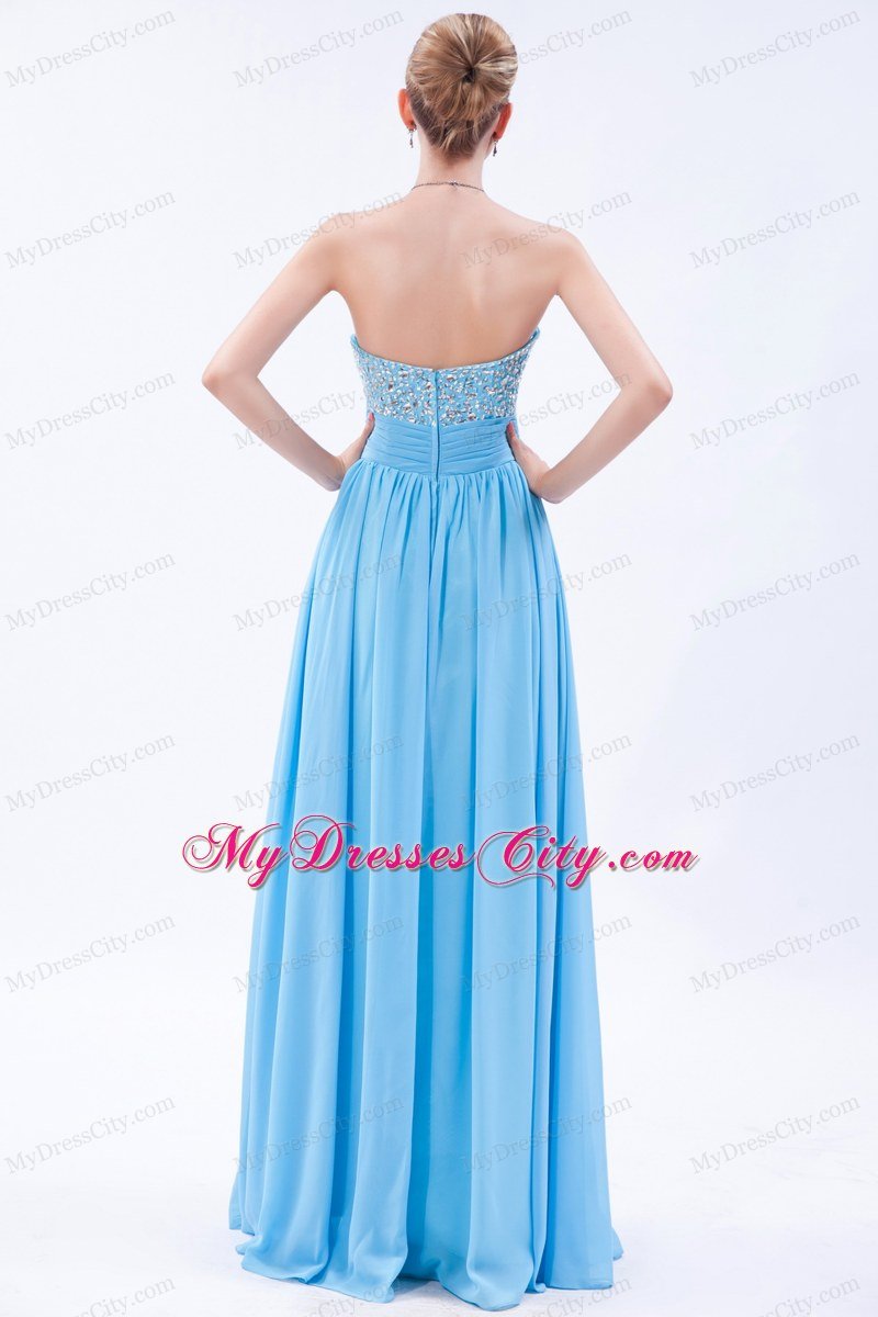 Beading Empire Sweetheart Baby Blue Chiffon Prom Dress with Ruches