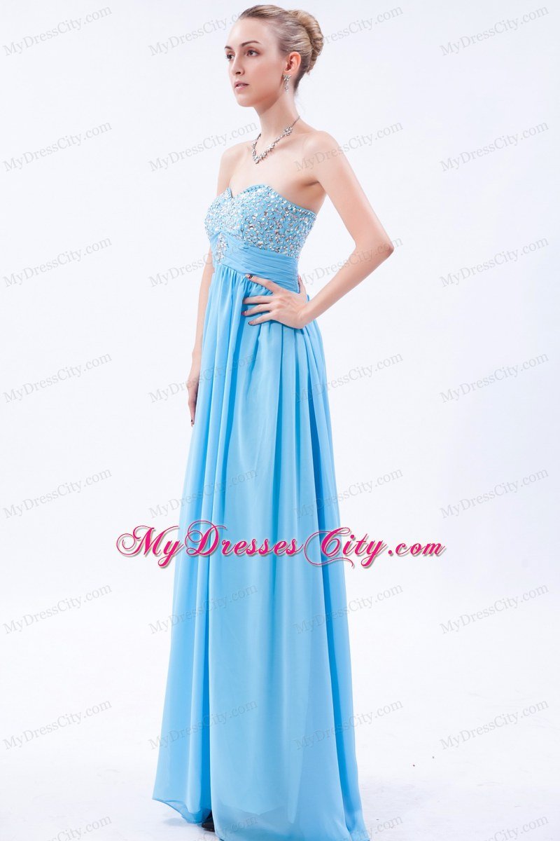 Beading Empire Sweetheart Baby Blue Chiffon Prom Dress with Ruches