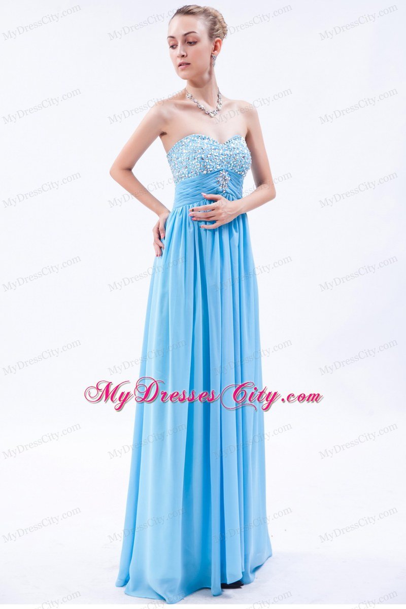 Beading Empire Sweetheart Baby Blue Chiffon Prom Dress with Ruches