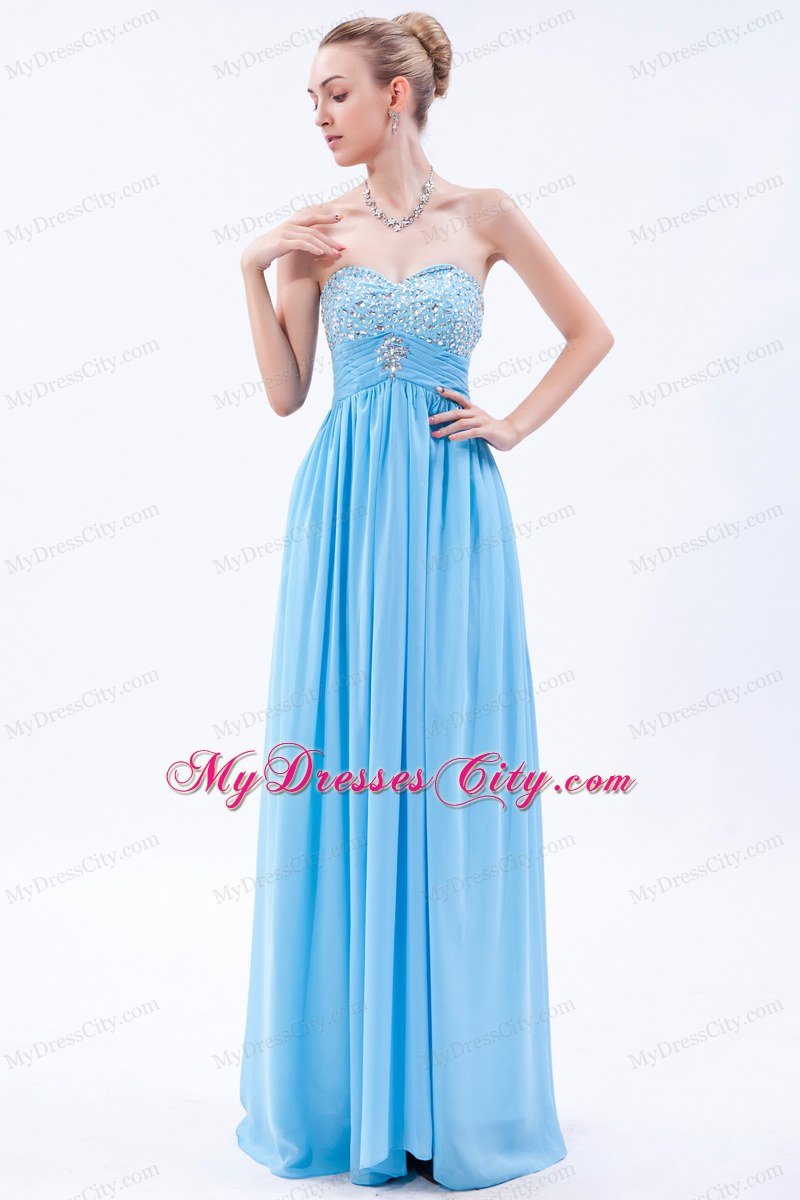 Beading Empire Sweetheart Baby Blue Chiffon Prom Dress with Ruches