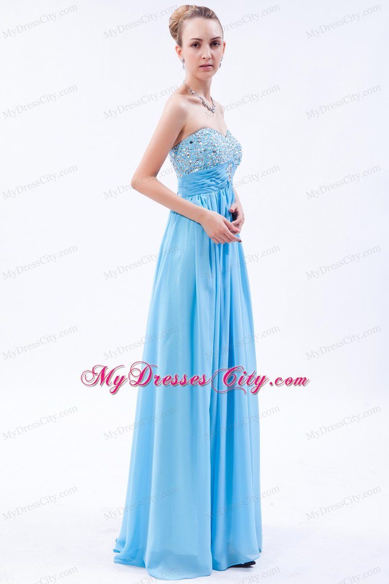 Beading Empire Sweetheart Baby Blue Chiffon Prom Dress with Ruches